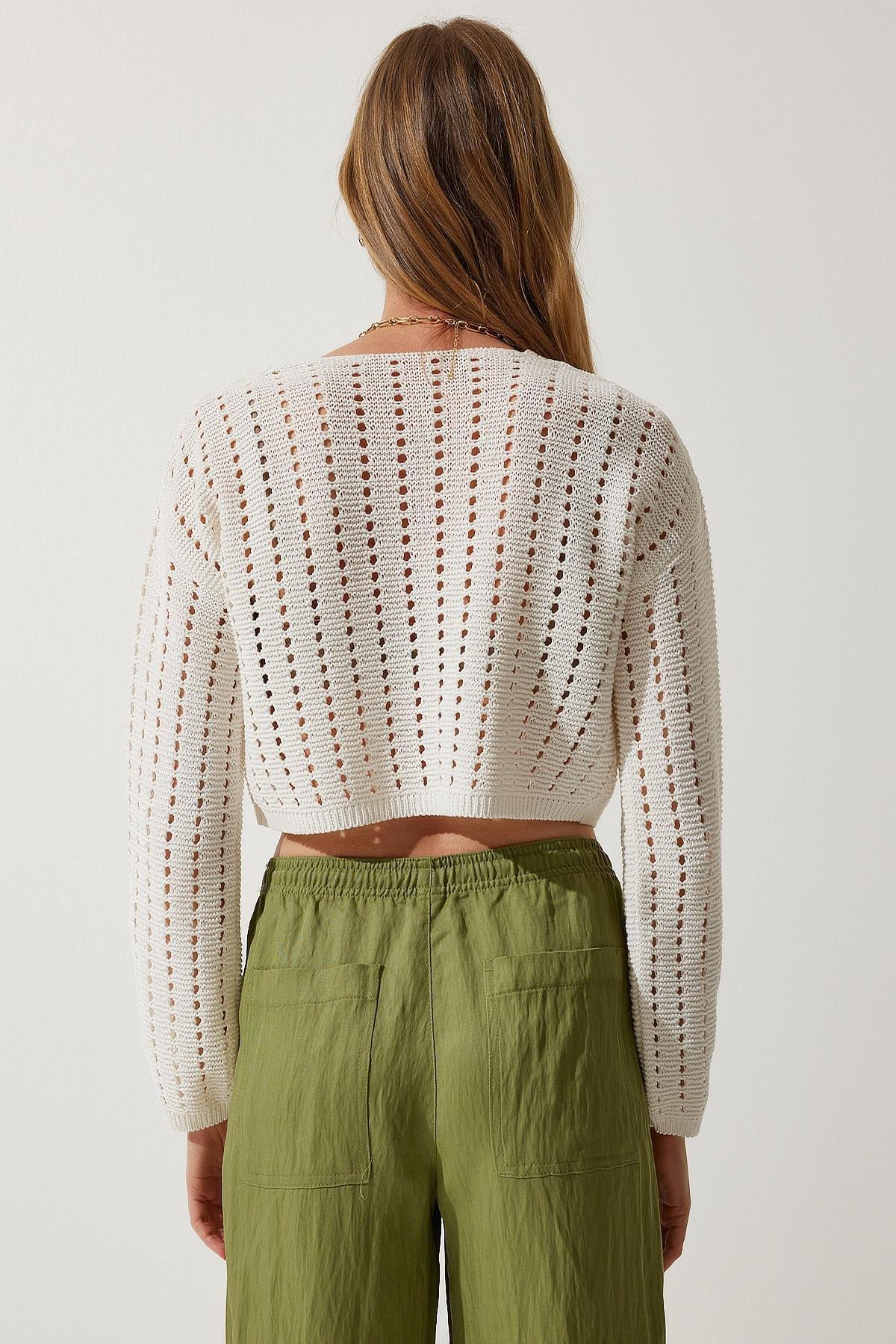 Ecru Openwork Knitwear Bolero Cardigan, Ecru, large image number 3