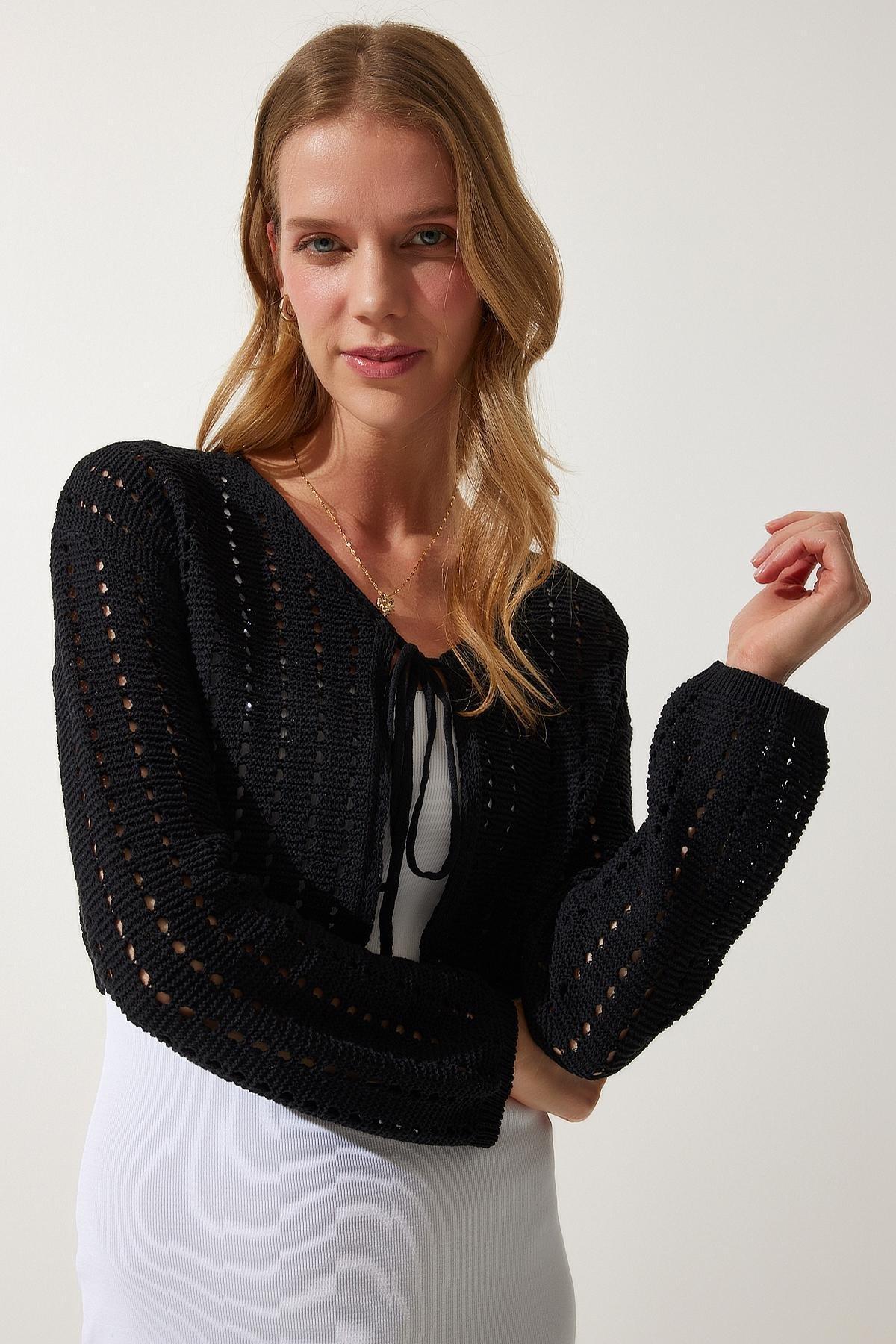 Womens Black Openwork Knitwear Bolero Cardigan PF00074, single, C101_5720, large image number 0