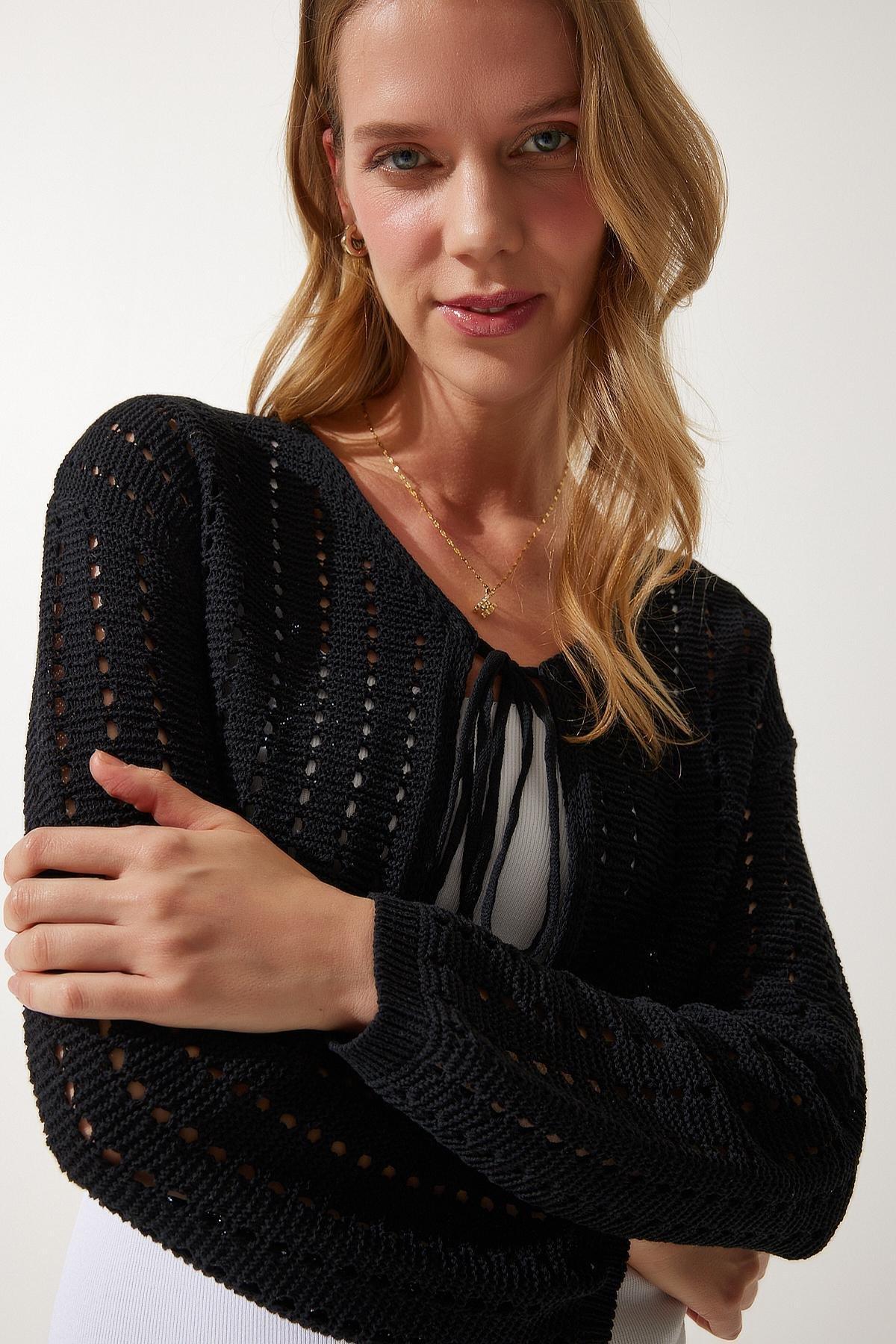 Womens Black Openwork Knitwear Bolero Cardigan PF00074, single, C101_5720, large image number 1