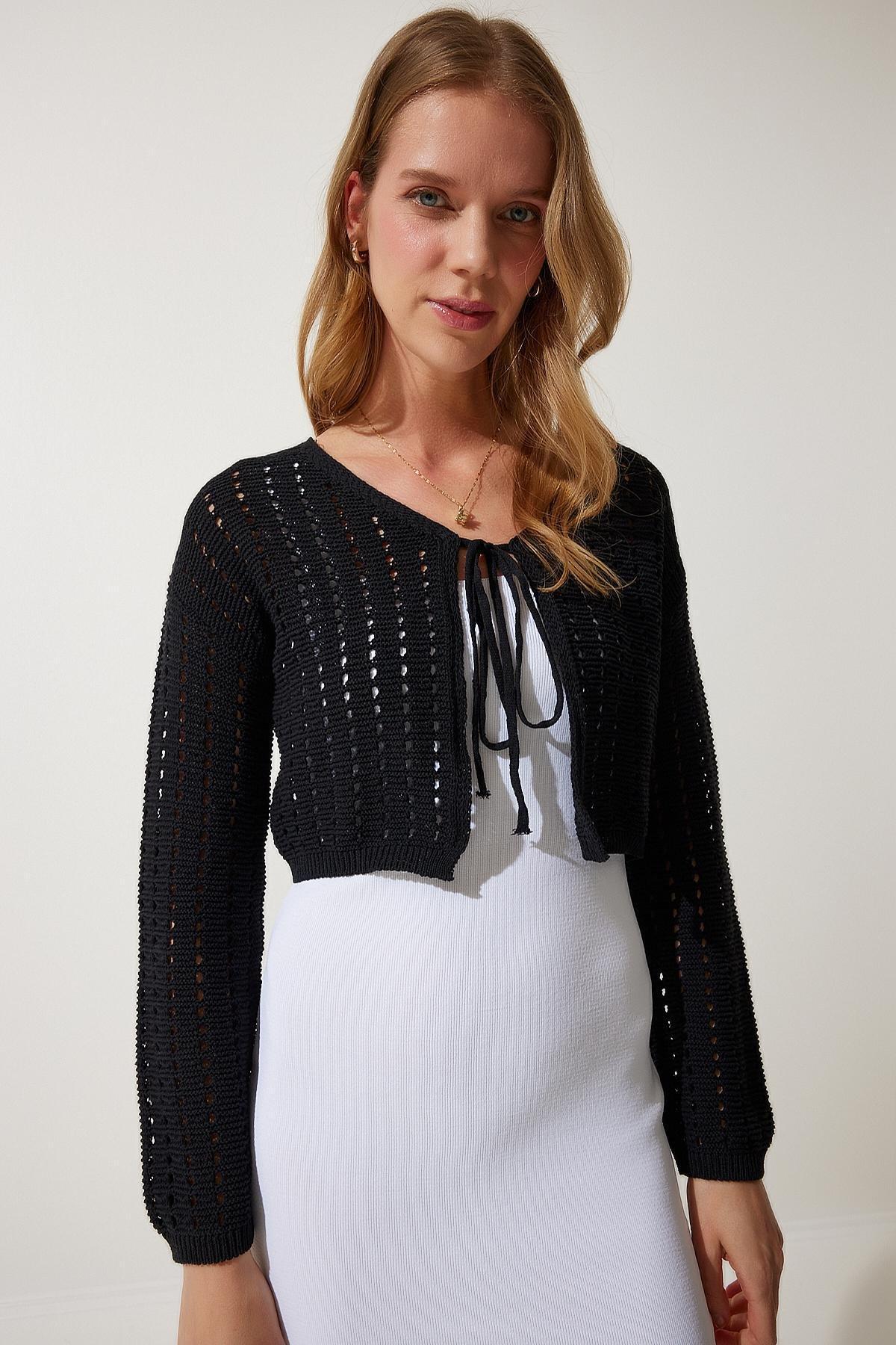 Womens Black Openwork Knitwear Bolero Cardigan PF00074, single, C101_5720, large image number 2