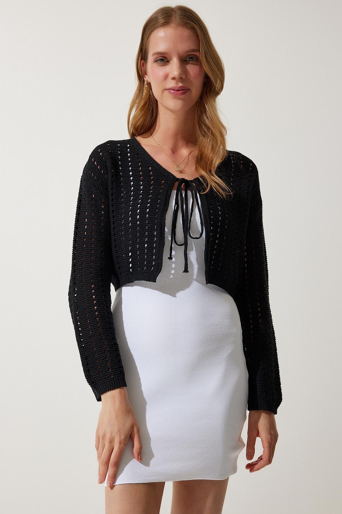 Womens Black Openwork Knitwear Bolero Cardigan PF00074, single, C101_5720, large image number 3