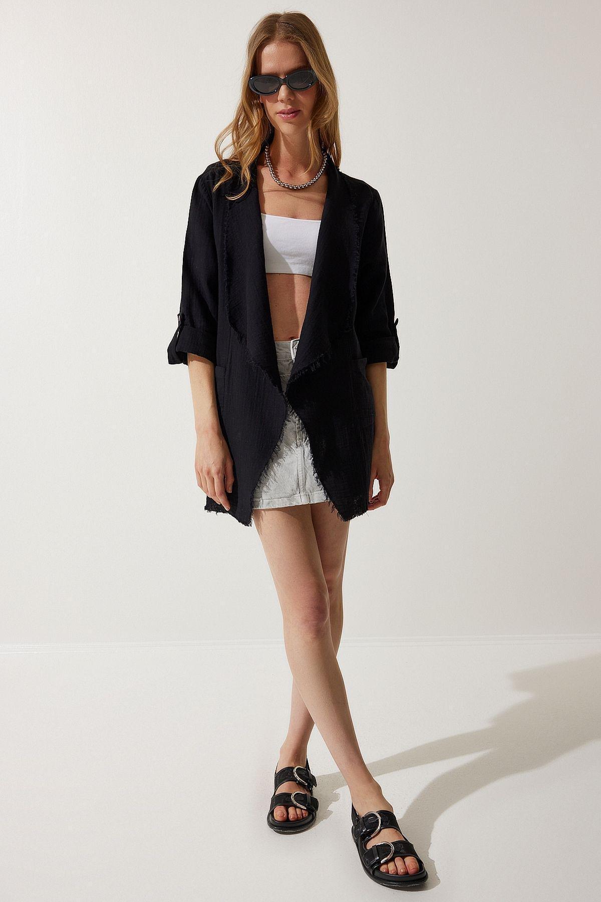Black Fringed Asymmetric Jacket, , medium