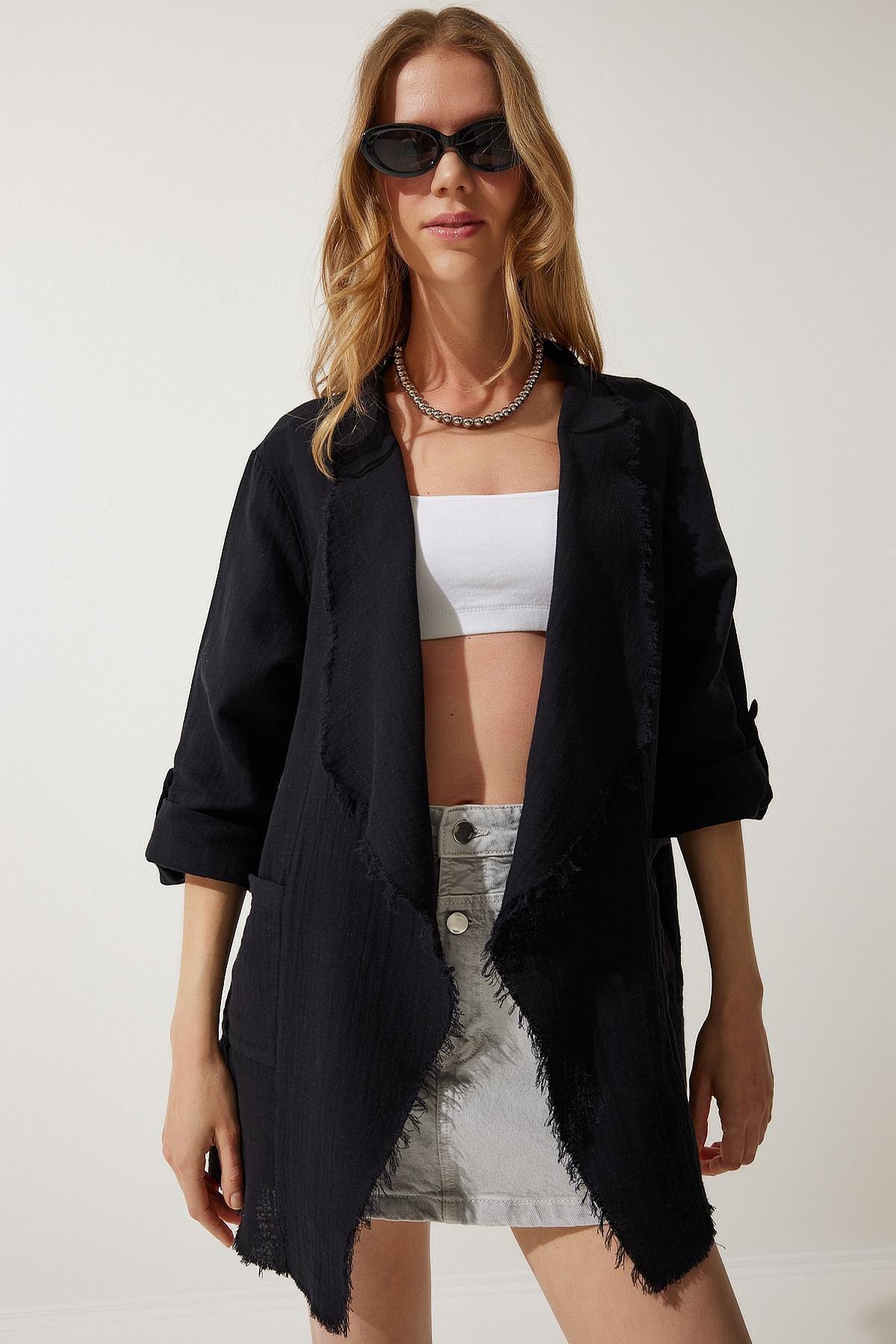 Black Fringed Asymmetric Jacket, , large image number 1