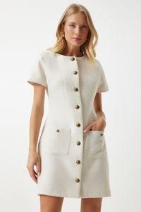 Grey Buttoned Mini Tweed Dress, , large image number 0