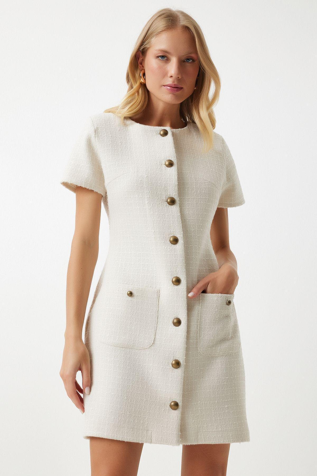 Grey Buttoned Mini Tweed Dress, , large image number 1