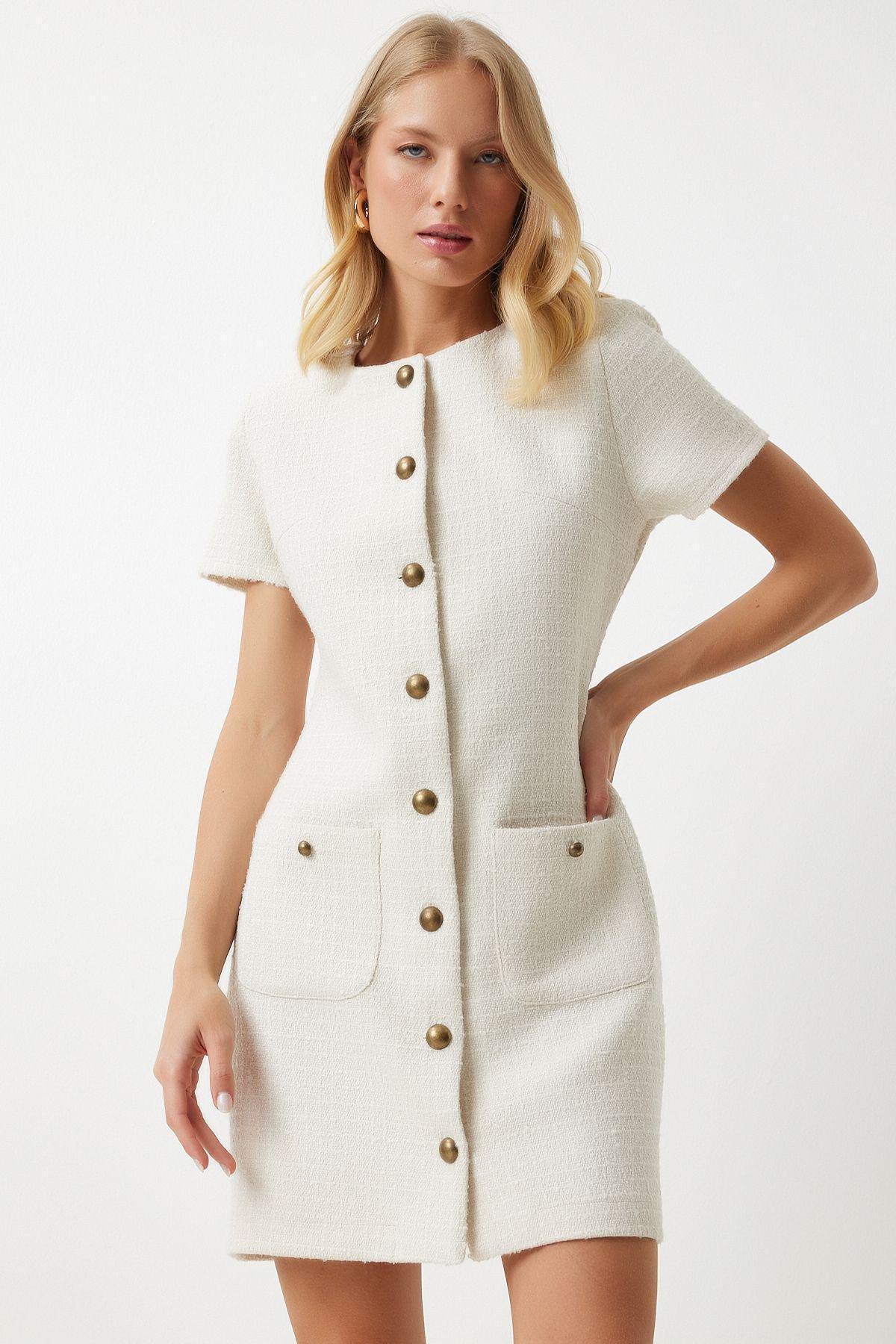 Grey Buttoned Mini Tweed Dress, , large image number 3