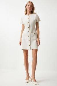 Grey Buttoned Mini Tweed Dress, , large image number 4