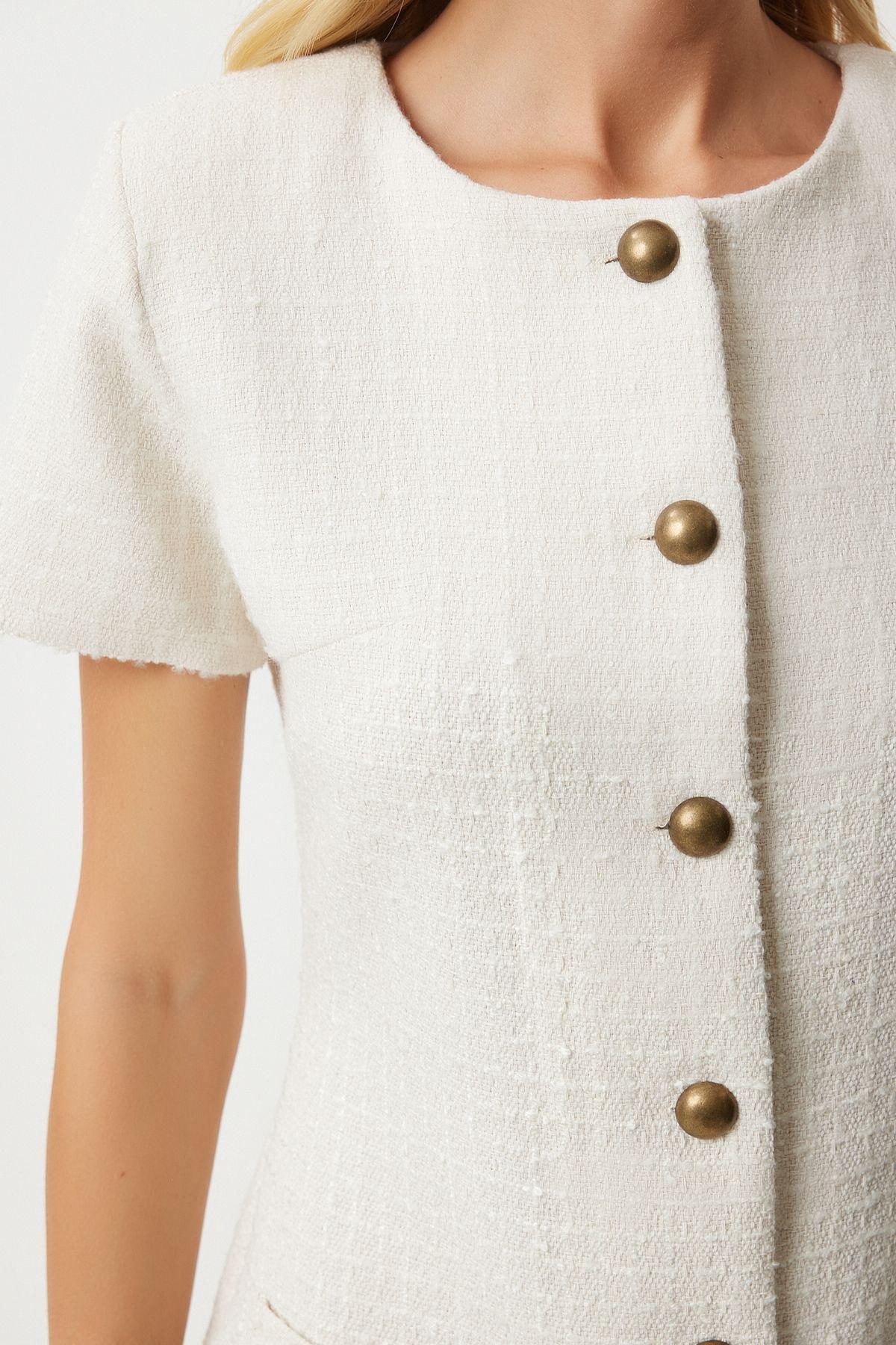 Grey Buttoned Mini Tweed Dress, , large image number 7