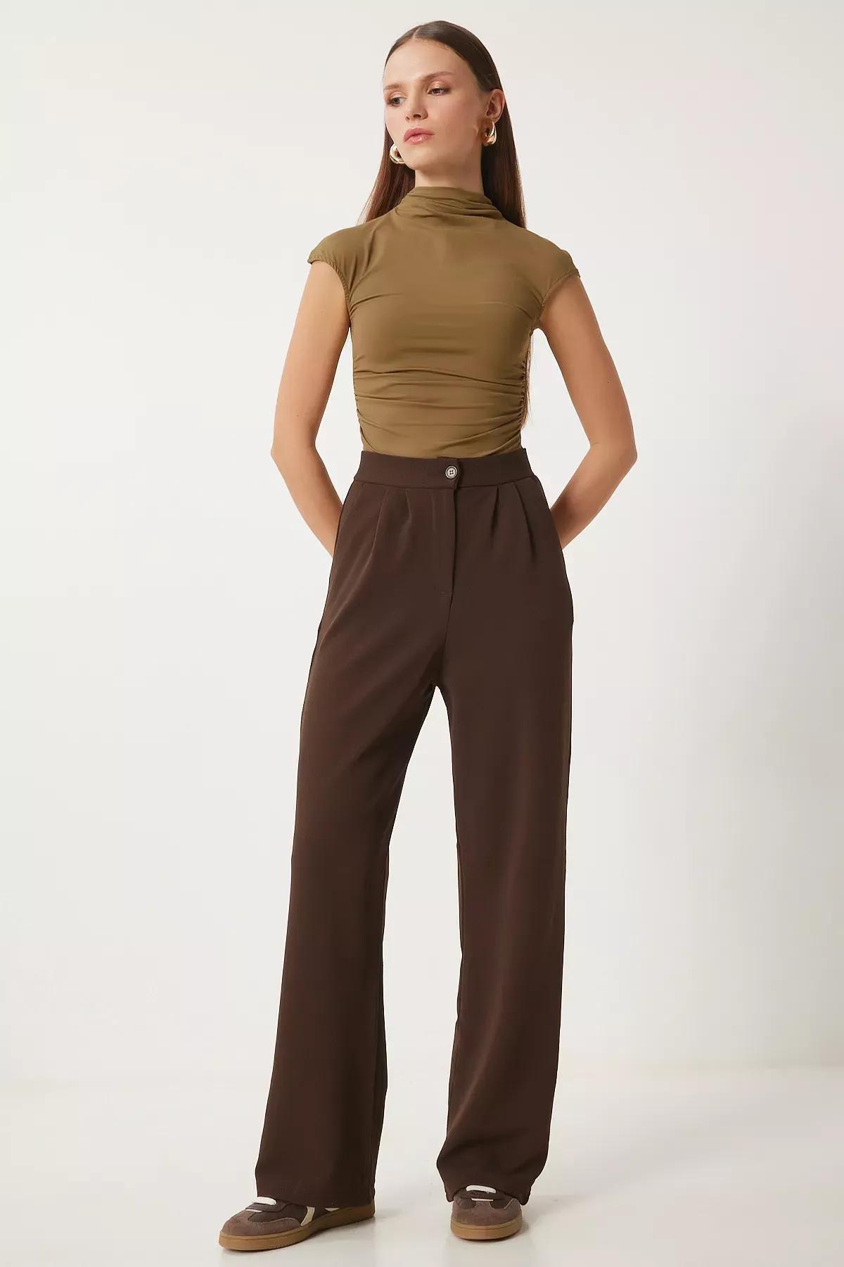 Brown Lycra Palazzo Trousers, Brown, large image number 0
