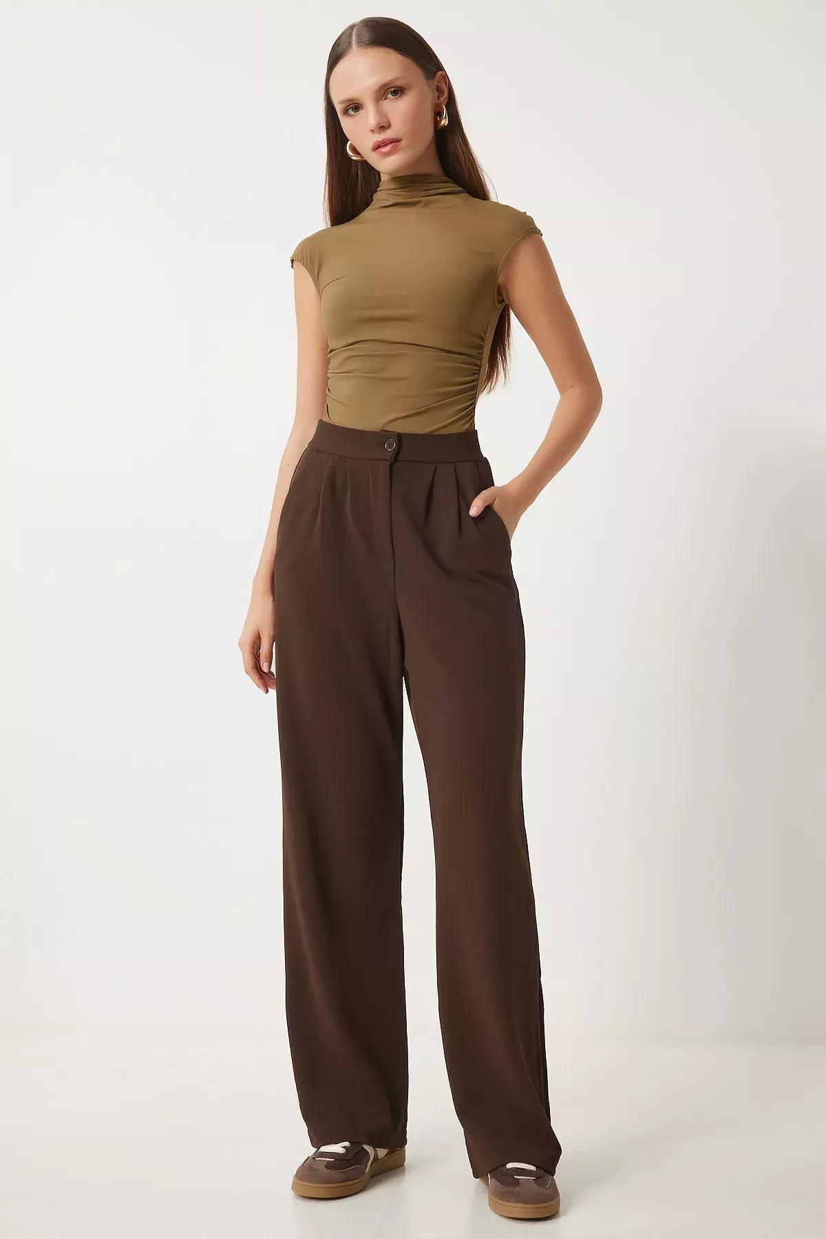 Brown Lycra Palazzo Trousers, Brown, large image number 1
