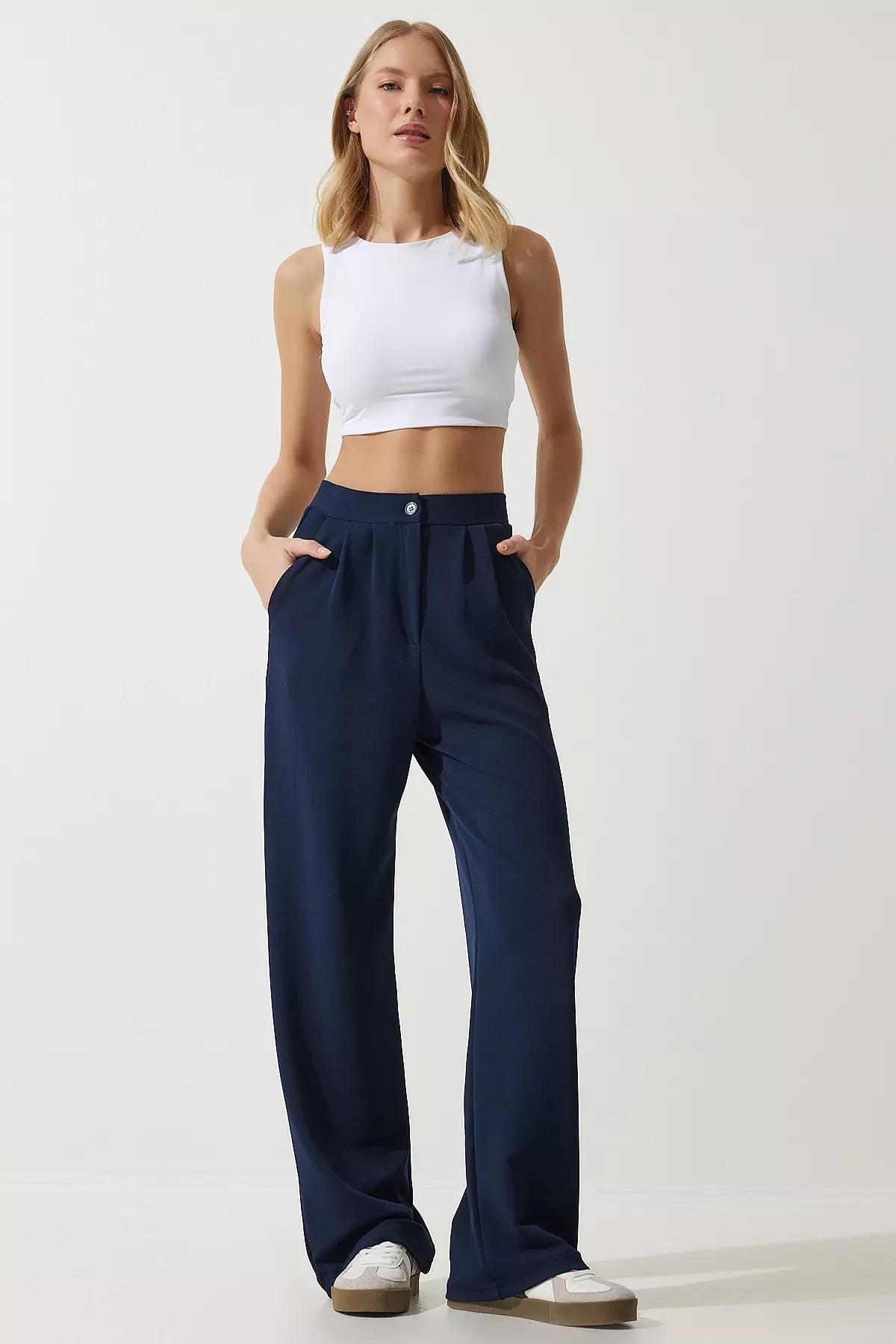 Womens Navy Blue Lycra Comfortable Palazzo Knitted Trousers RV00175, single, Navy blue, medium