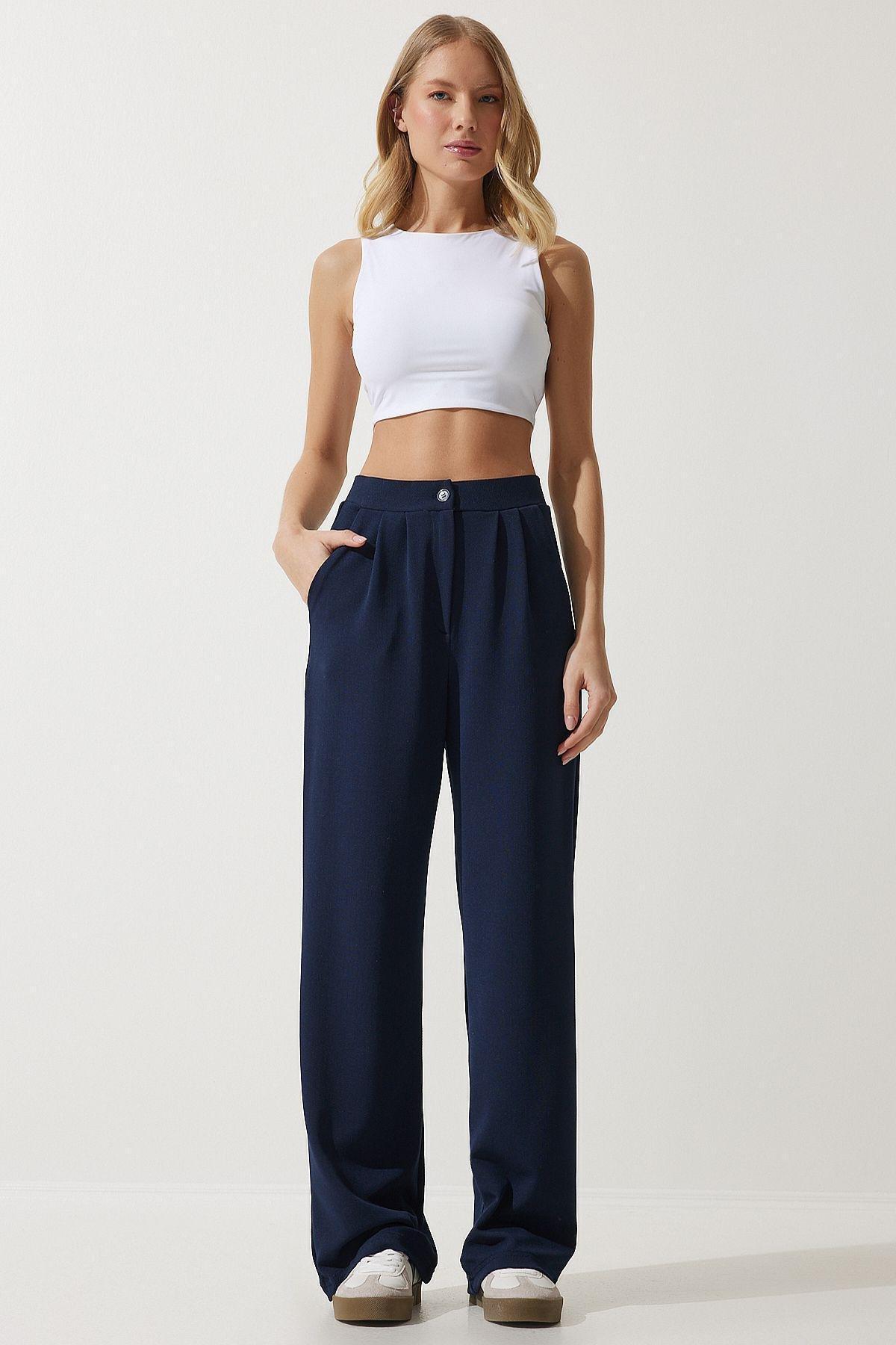 Womens Navy Blue Lycra Comfortable Palazzo Knitted Trousers RV00175, single, , large image number 2