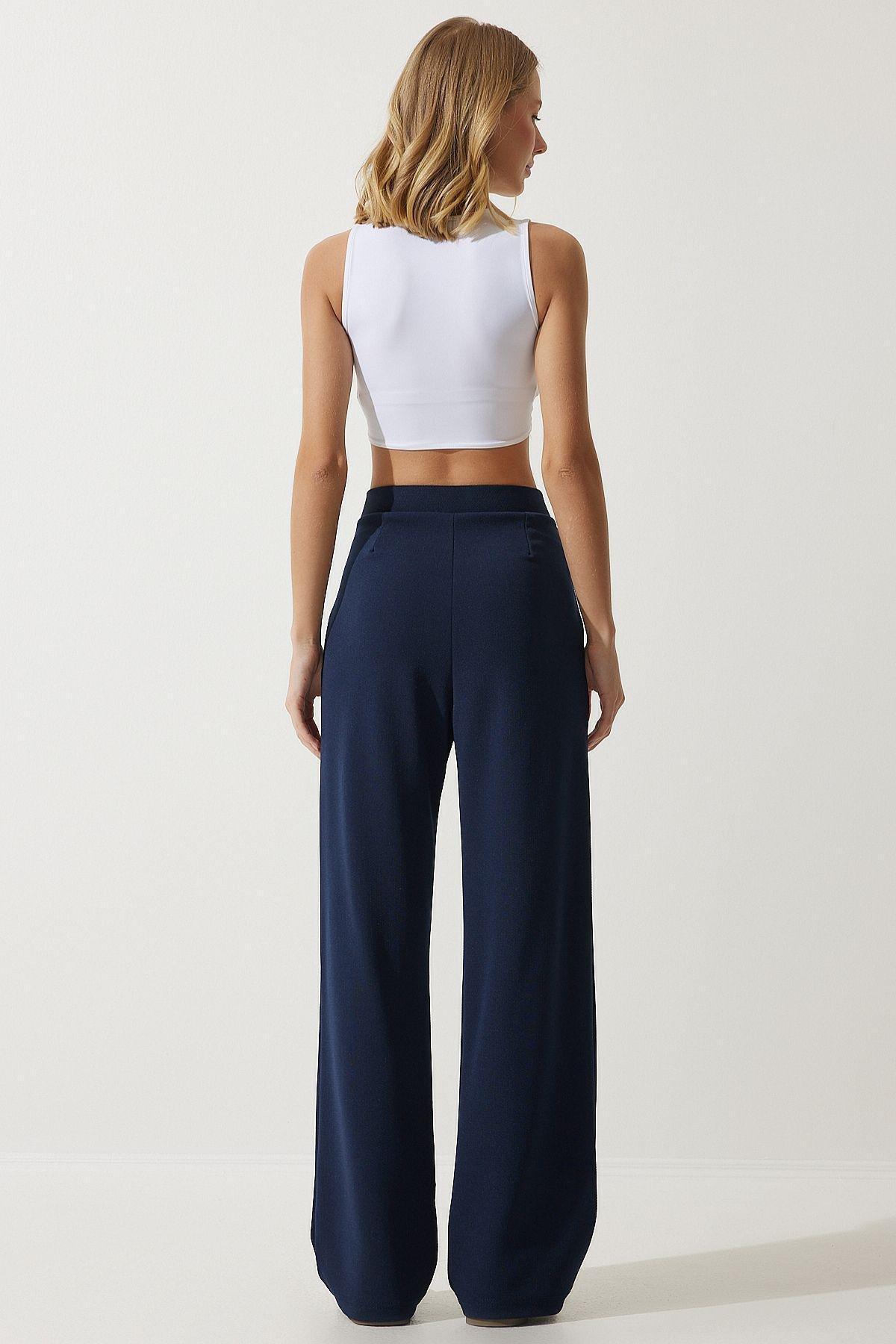 Womens Navy Blue Lycra Comfortable Palazzo Knitted Trousers RV00175, single, Navy blue, medium