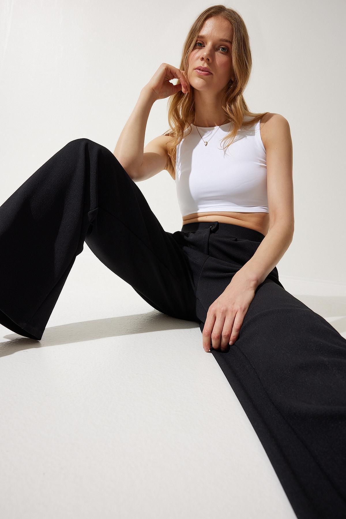 Womens Black Lycra Casual Palazzo Knitted Trousers RV00175, single, C101_5720, large image number 1