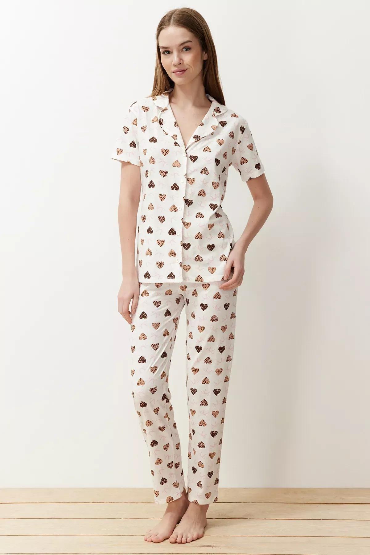 Beige Cotton Knitted Pyjamas Set, Ecru, medium