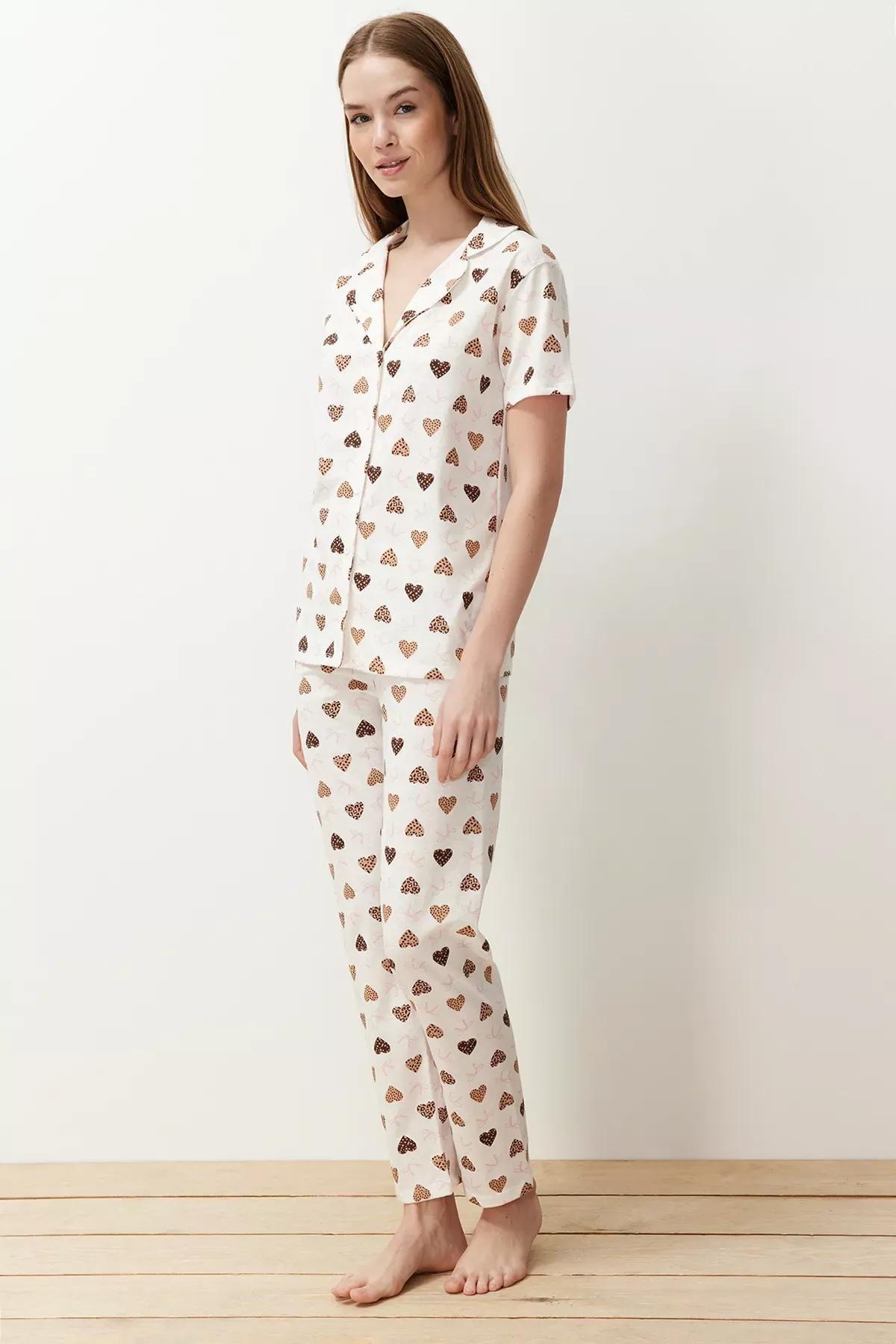 Beige Cotton Knitted Pyjamas Set, Ecru, medium