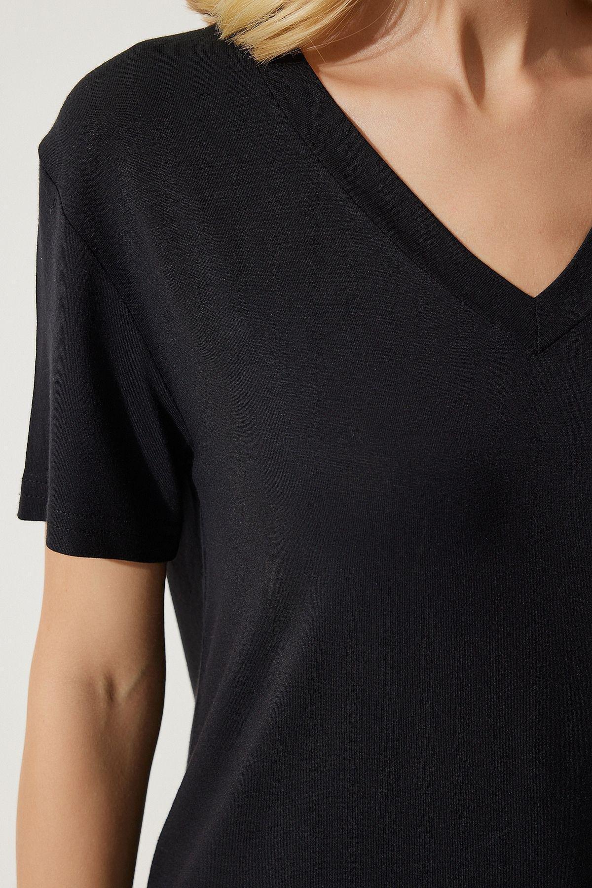 Black V-Neck Basic Knitted T-Shirt, , large image number 2