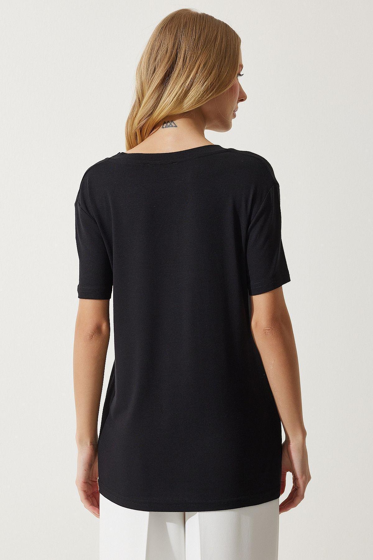 Black V-Neck Basic Knitted T-Shirt, , large image number 3