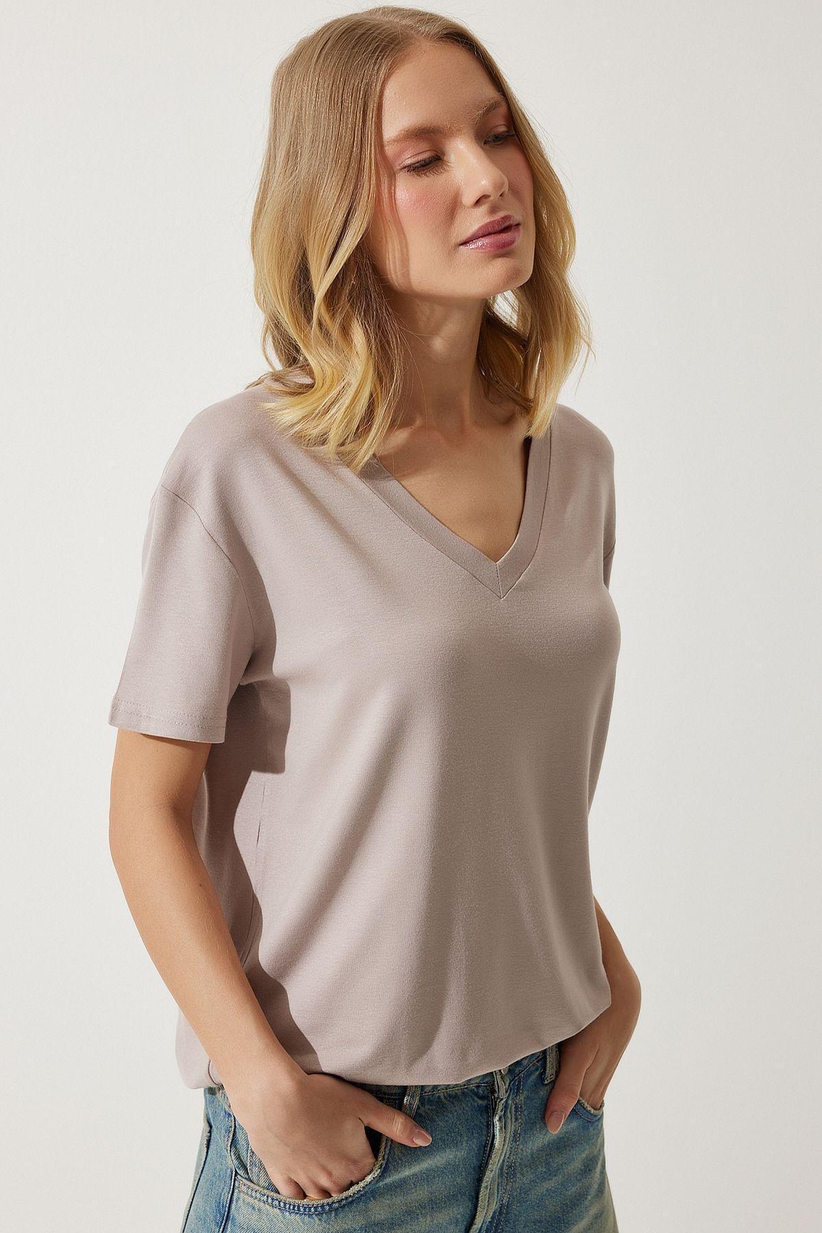 Grey V-Neck Basic Knitted T-Shirt, Mink, large image number 1