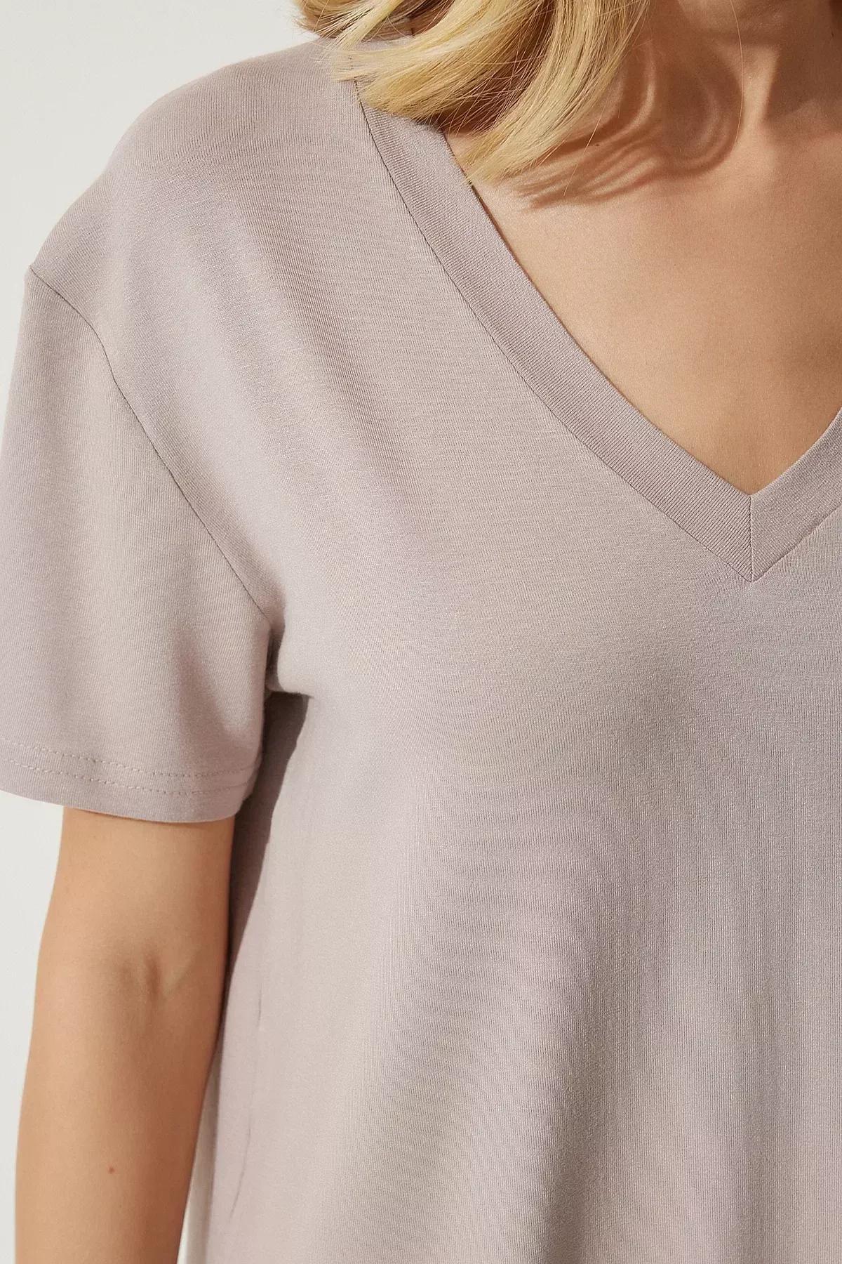 Grey V-Neck Basic Knitted T-Shirt, Mink, large image number 4