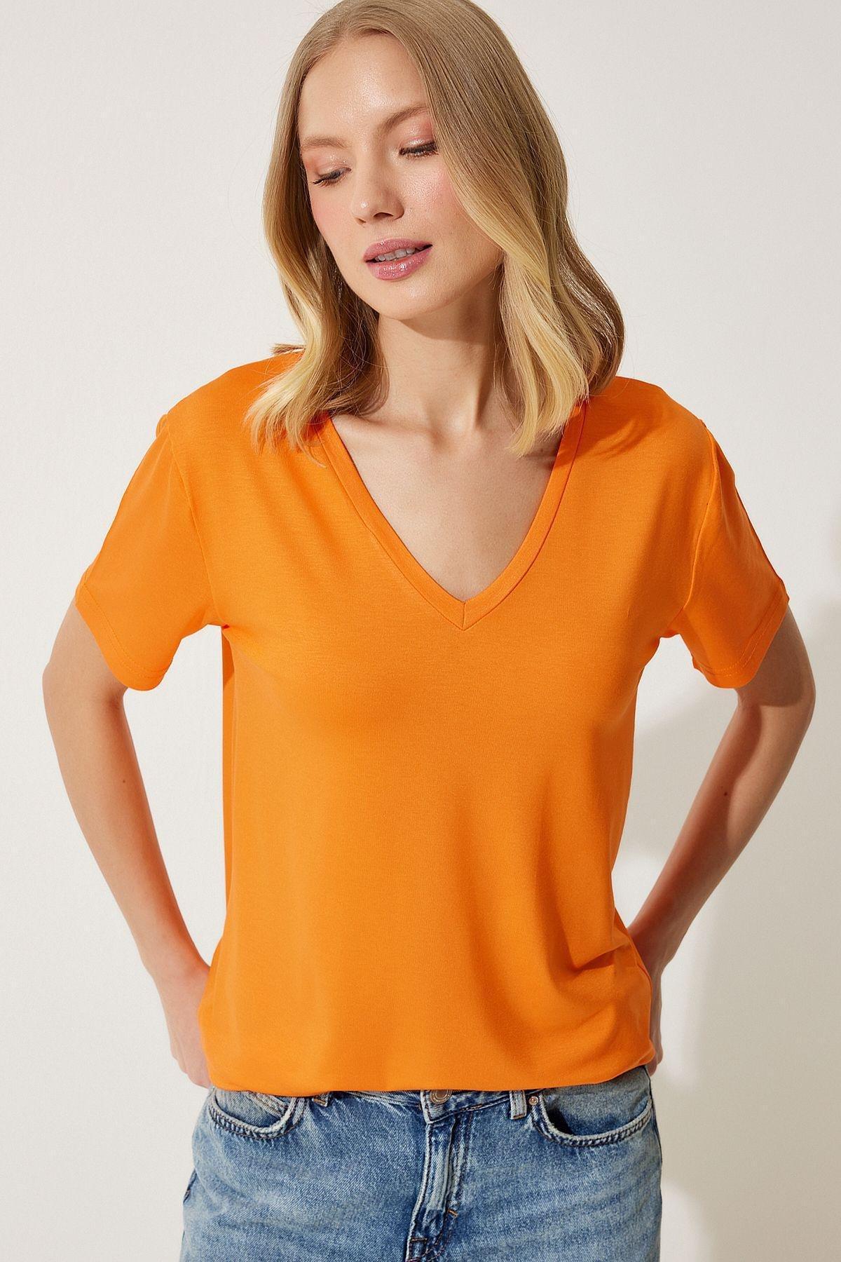 Womens Orange V-Neck Basic Viscose Knitted T-Shirt EN00613, single, , large image number 1