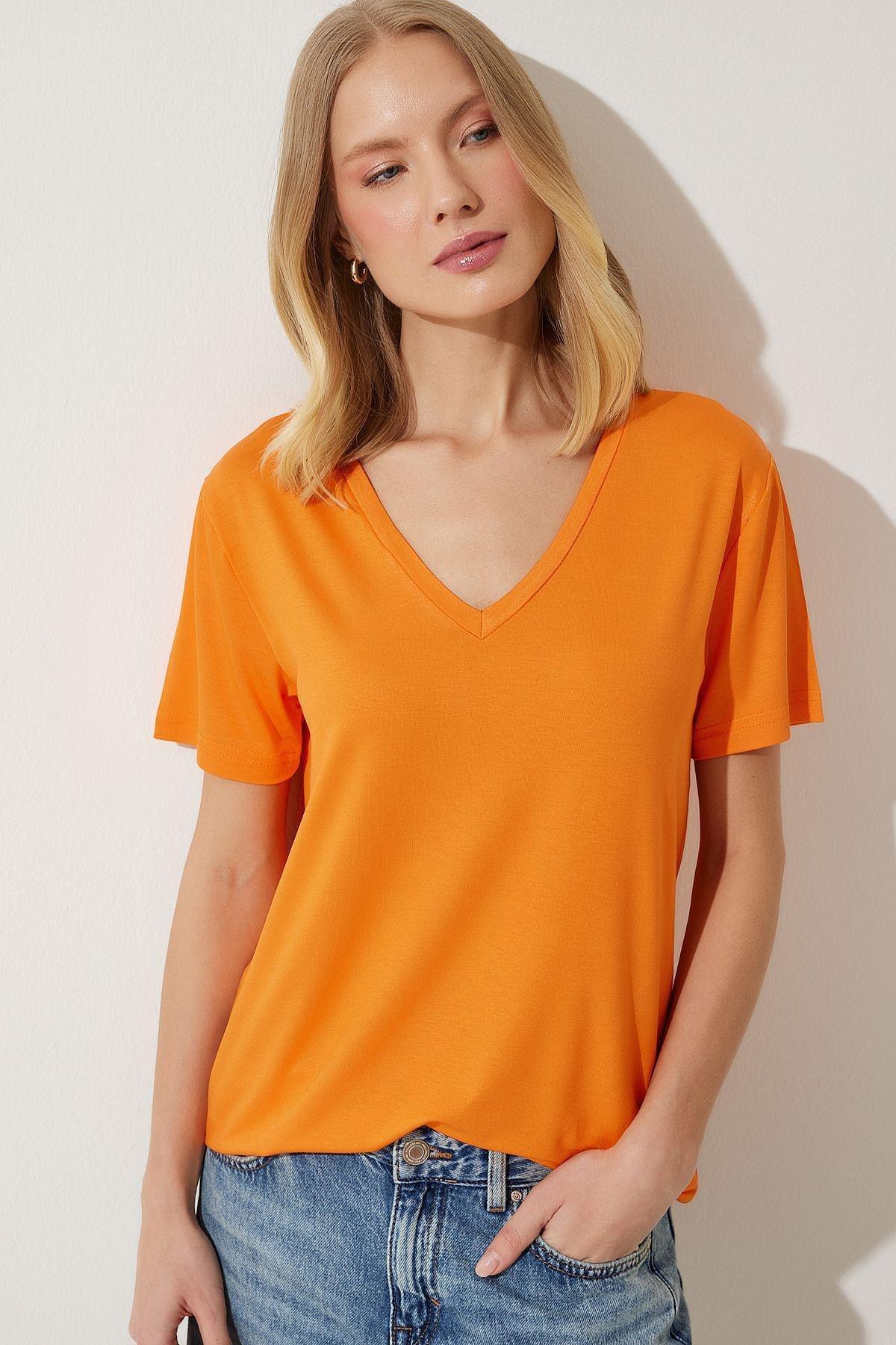Womens Orange V-Neck Basic Viscose Knitted T-Shirt EN00613, single, , large image number 2