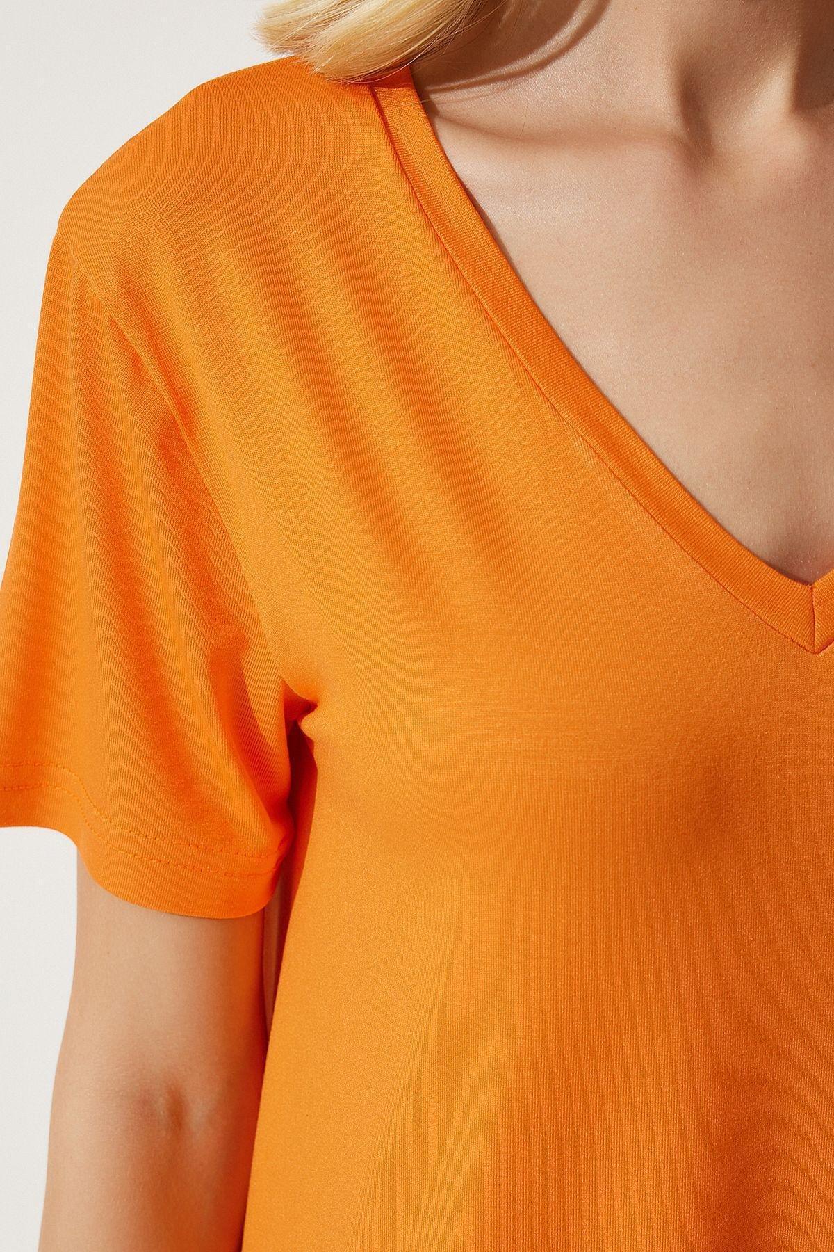 Womens Orange V-Neck Basic Viscose Knitted T-Shirt EN00613, single, , large image number 3