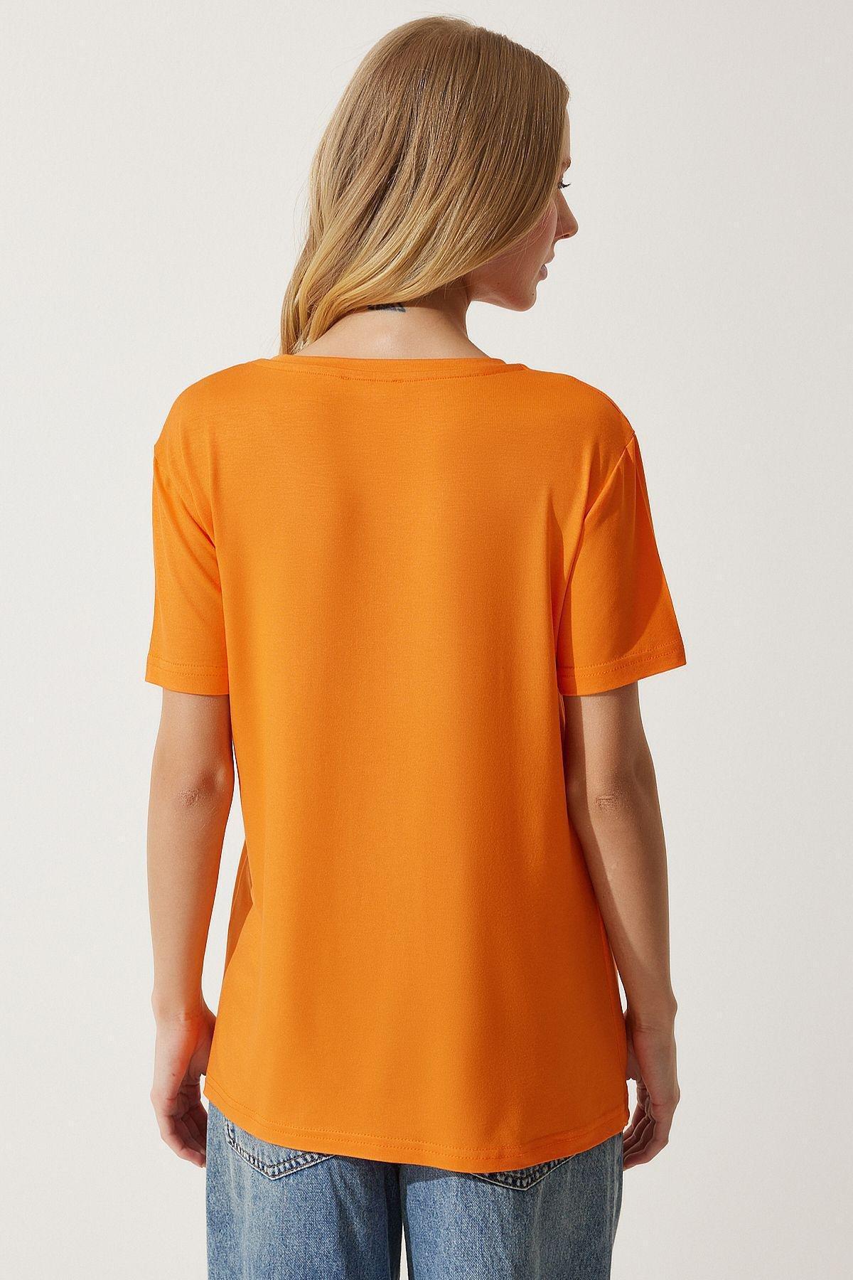 Womens Orange V-Neck Basic Viscose Knitted T-Shirt EN00613, single, , large image number 4