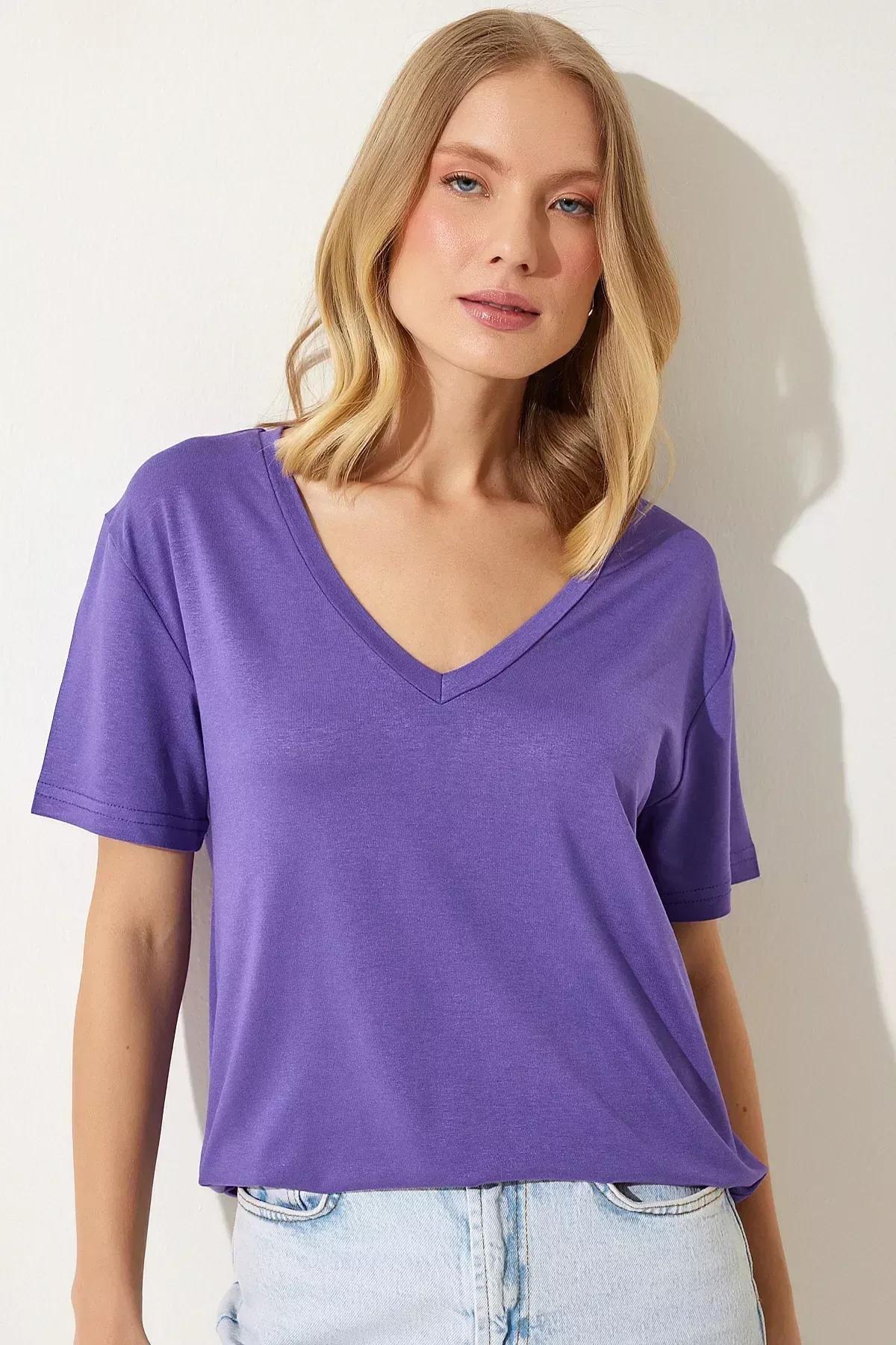 Womens Purple V-Neck Basic Viscose Knitted T-Shirt EN00613, single, Purple, large image number 0