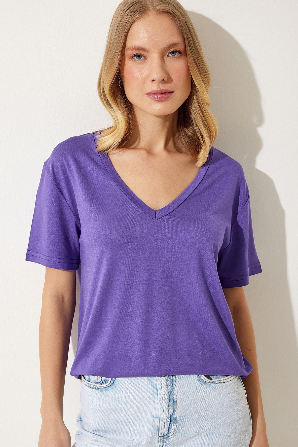 Womens Purple V-Neck Basic Viscose Knitted T-Shirt EN00613, single, Purple, large image number 1