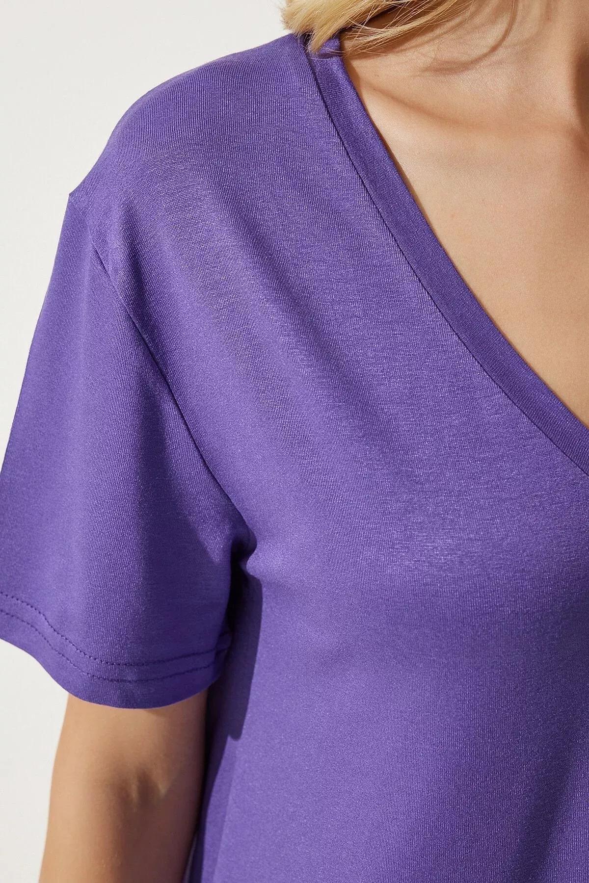 Womens Purple V-Neck Basic Viscose Knitted T-Shirt EN00613, single, Purple, large image number 2