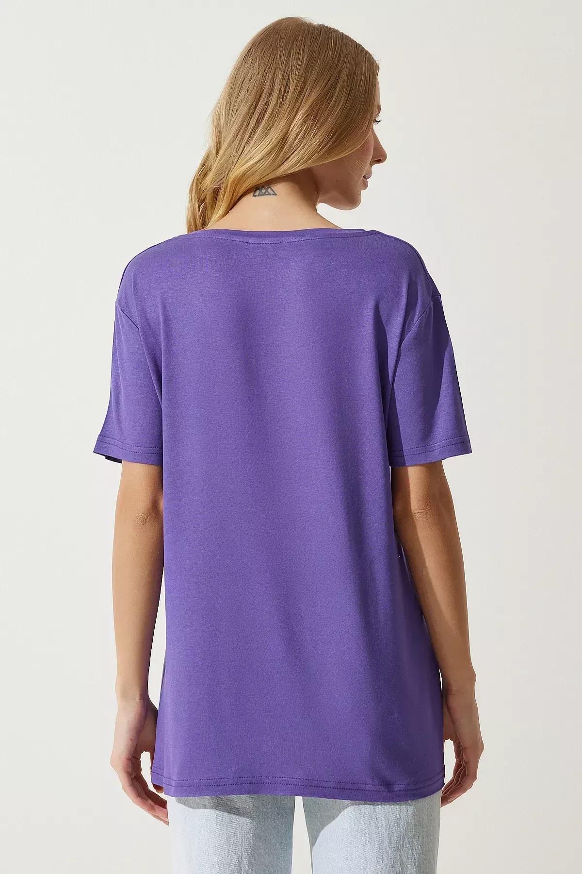 Womens Purple V-Neck Basic Viscose Knitted T-Shirt EN00613, single, Purple, large image number 3