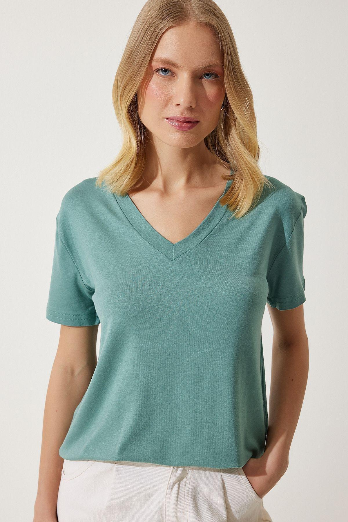 Green V-Neck Basic Knitted T-Shirt, C101_5202, large image number 1