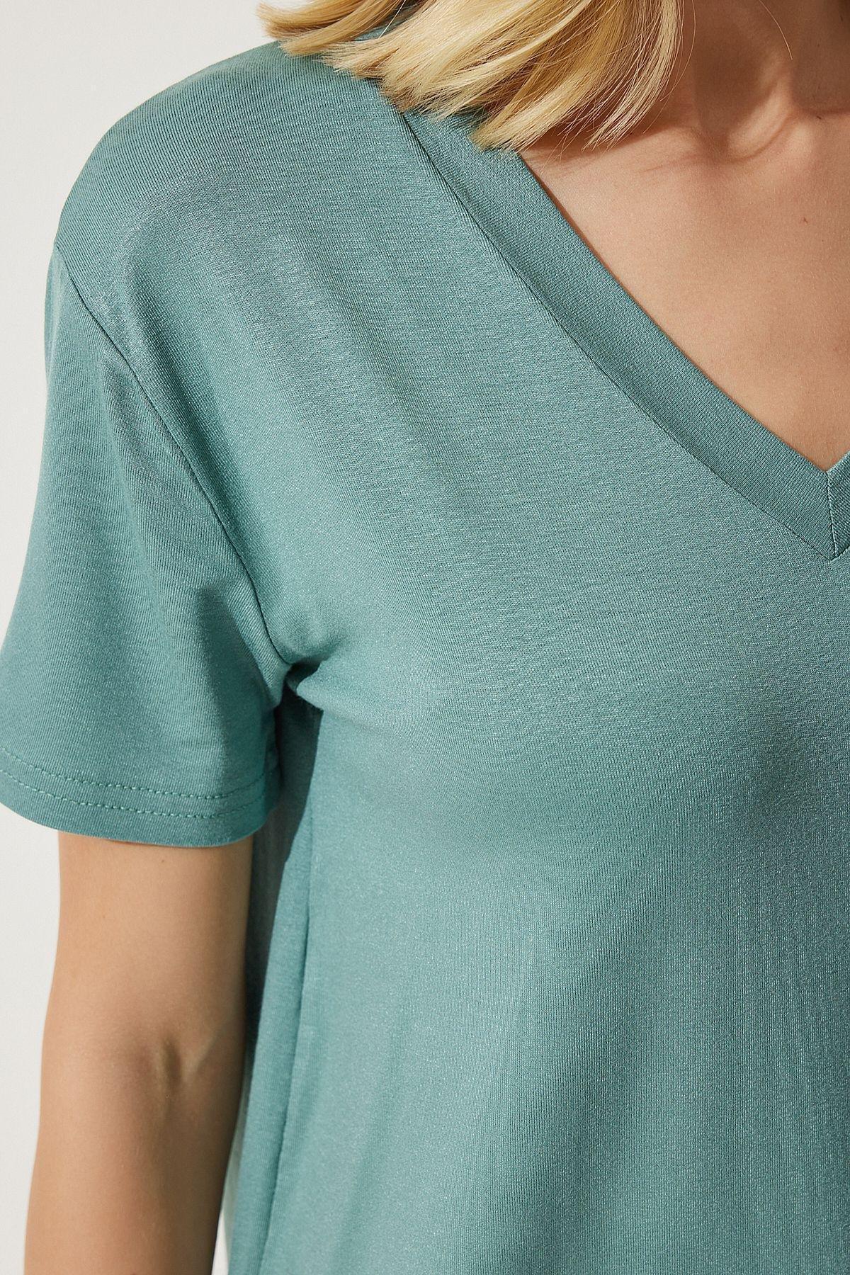 Green V-Neck Basic Knitted T-Shirt, C101_5202, large image number 2