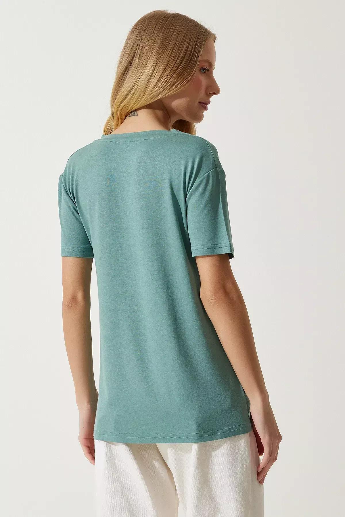 Green V-Neck Basic Knitted T-Shirt, C101_5202, large image number 3