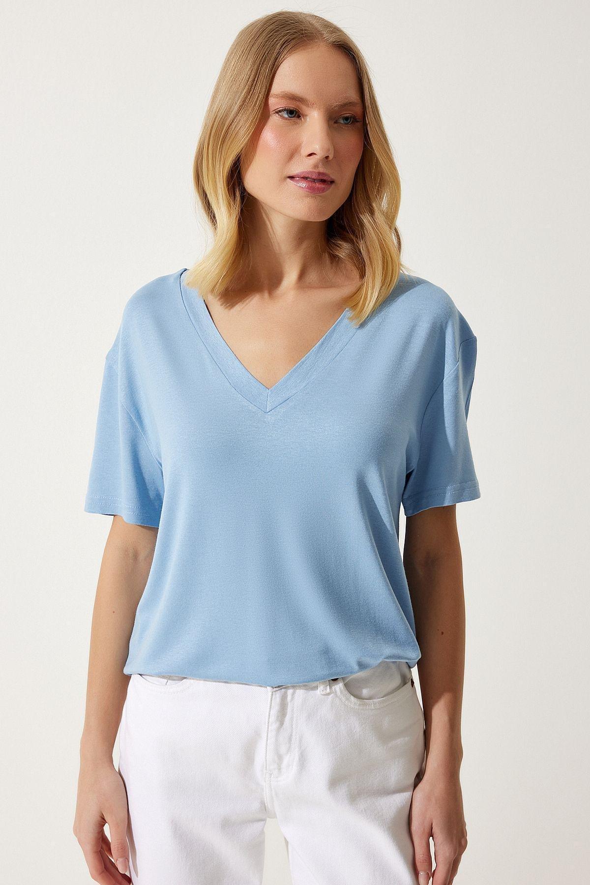 Blue V-Neck Knitted T-Shirt, SKY BLUE, large image number 1