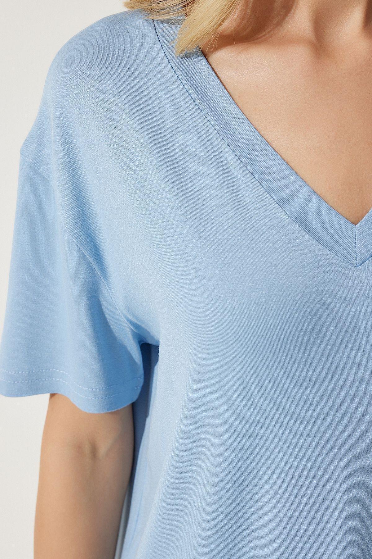 Blue V-Neck Knitted T-Shirt, SKY BLUE, large image number 2