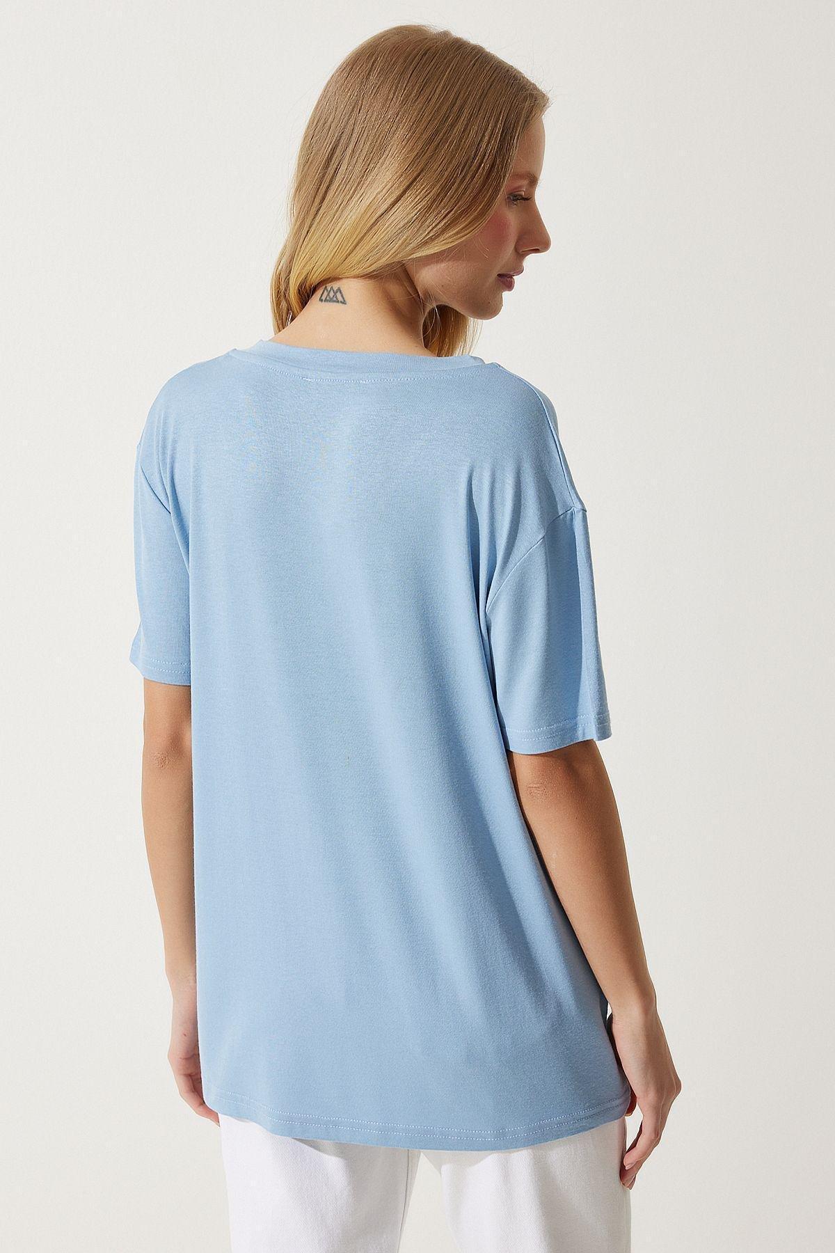 Blue V-Neck Knitted T-Shirt, SKY BLUE, large image number 3