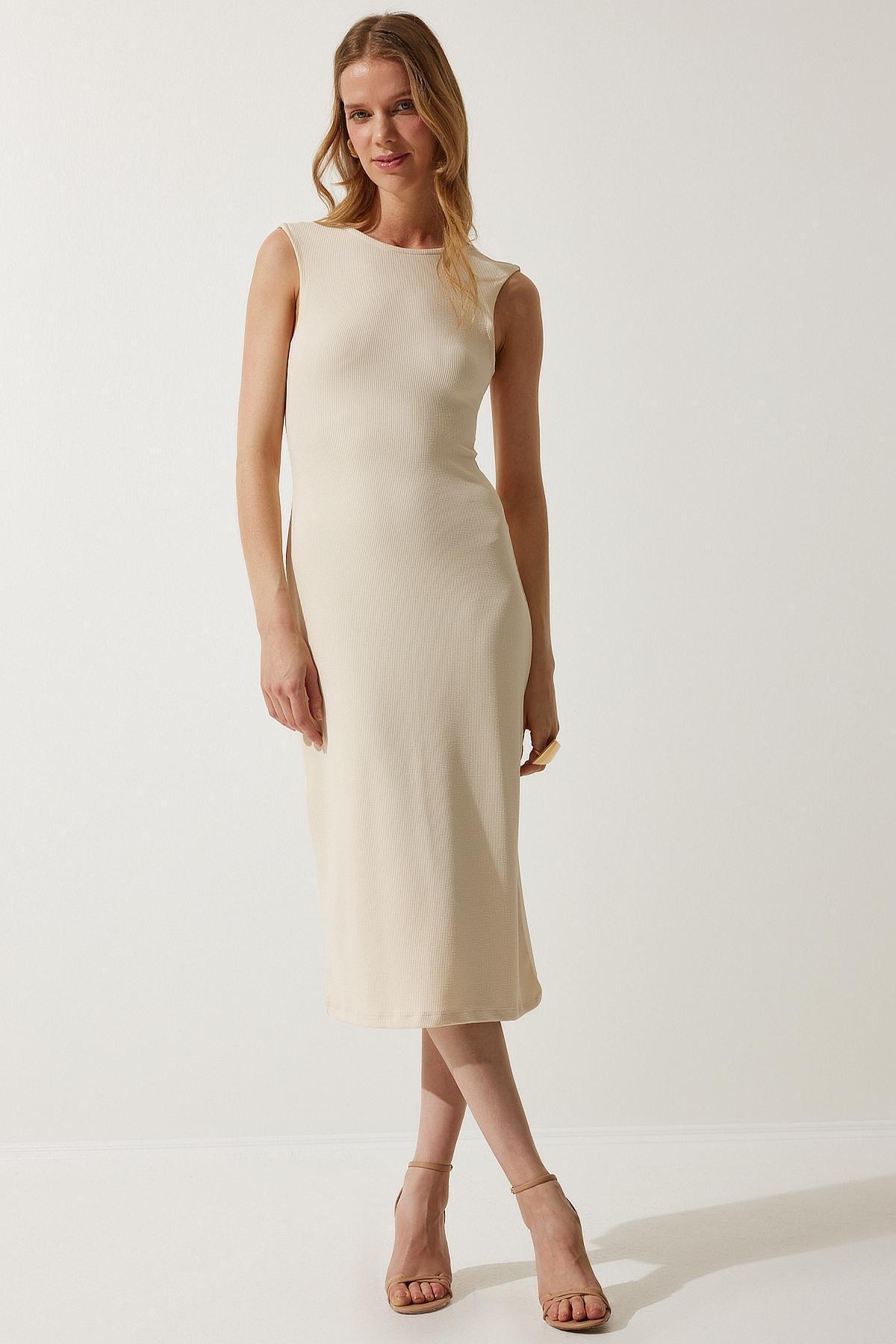 Cream Ribbed Sheath Midi Dress MC00267, , large image number 0