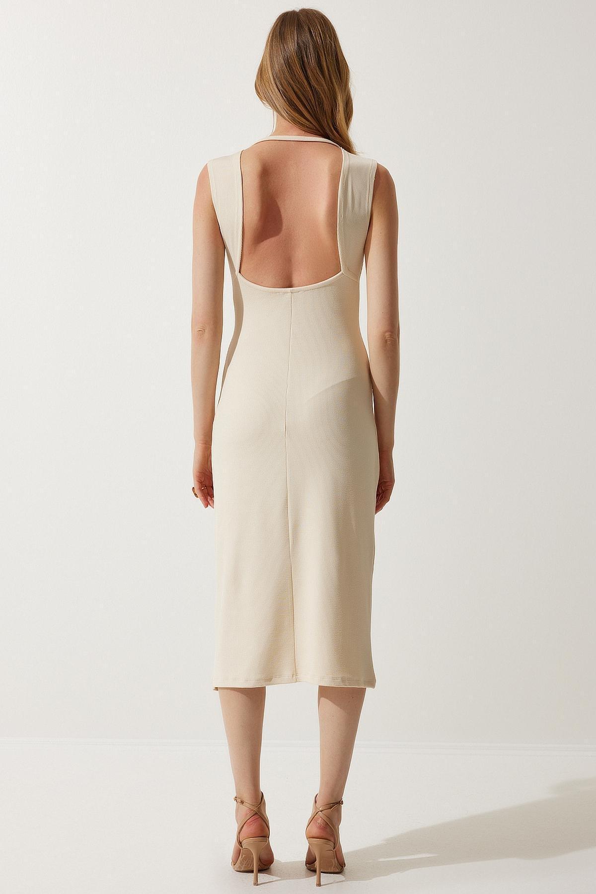 Cream Ribbed Sheath Midi Dress MC00267, , large image number 4
