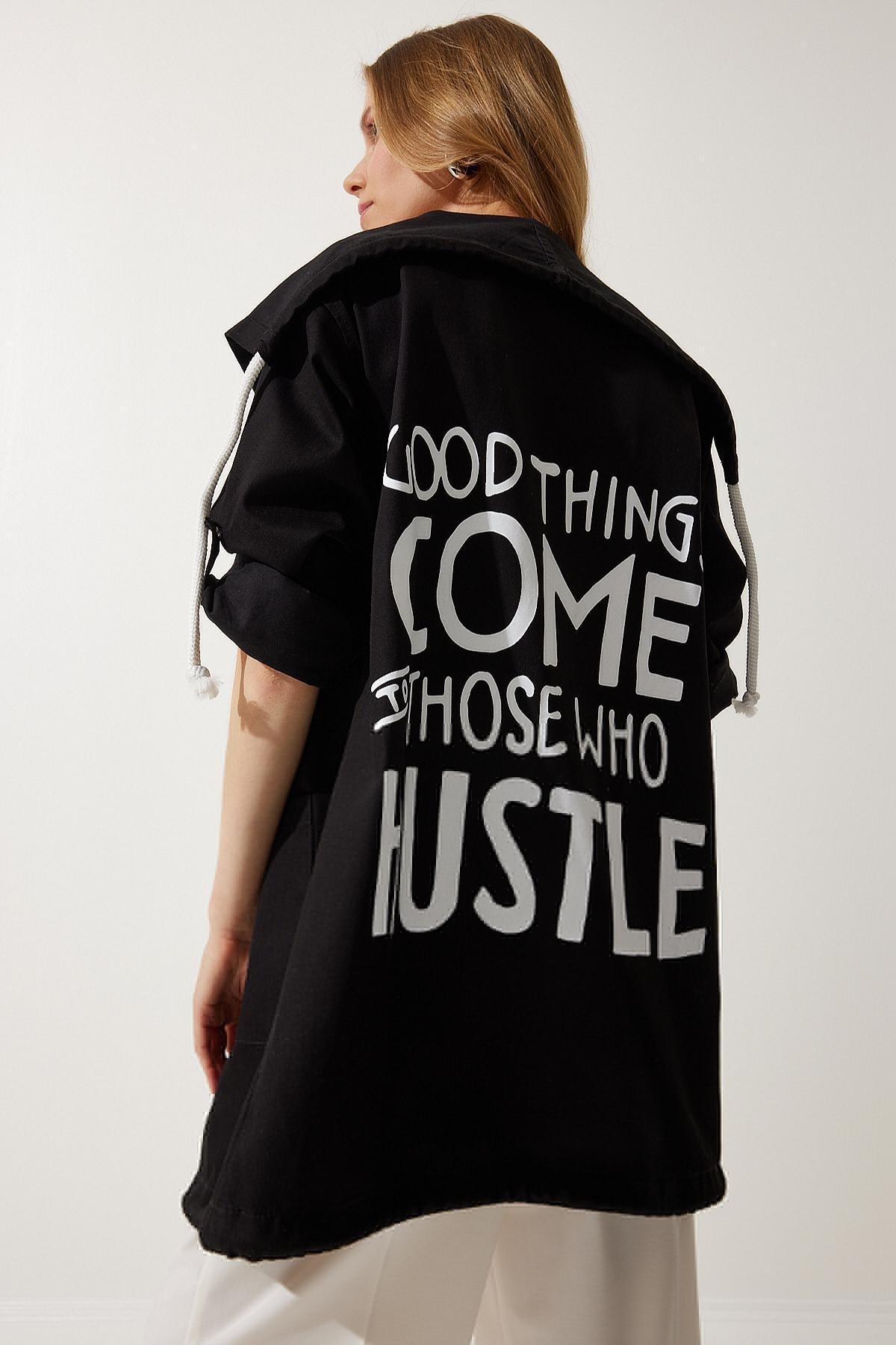 Black Printed Oversized Jacket, , medium