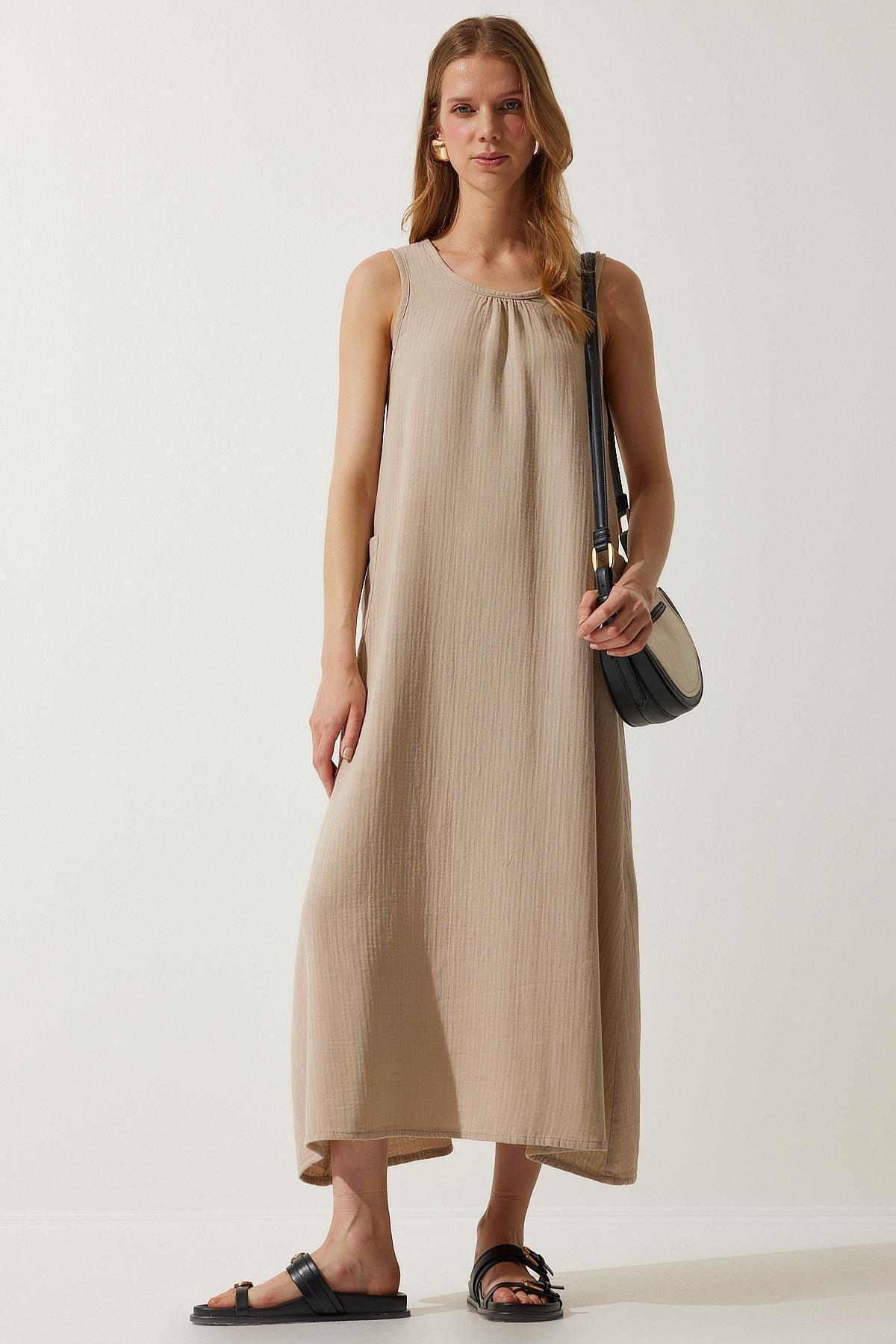 Beige Plain Shift Maxi Dress, , medium