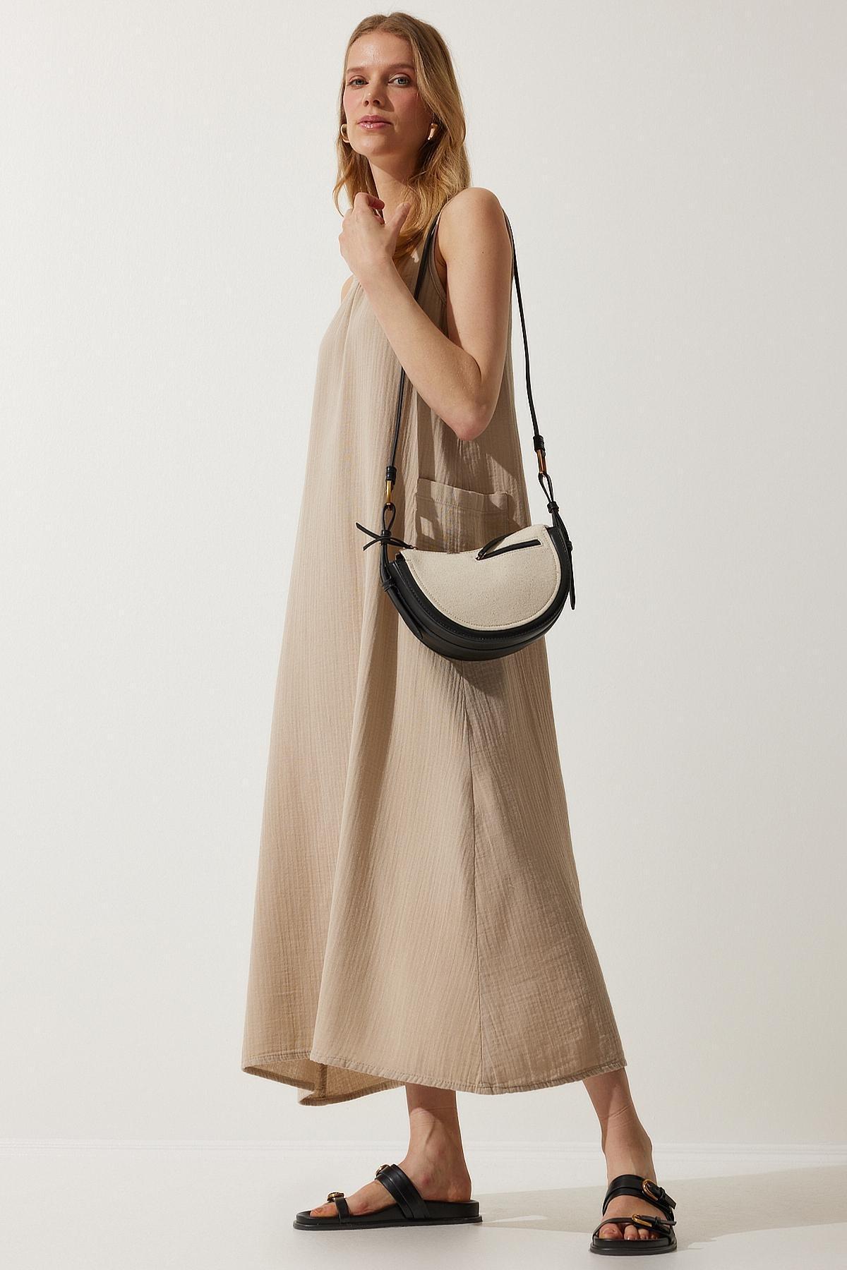 Beige Plain Shift Maxi Dress, , large image number 1