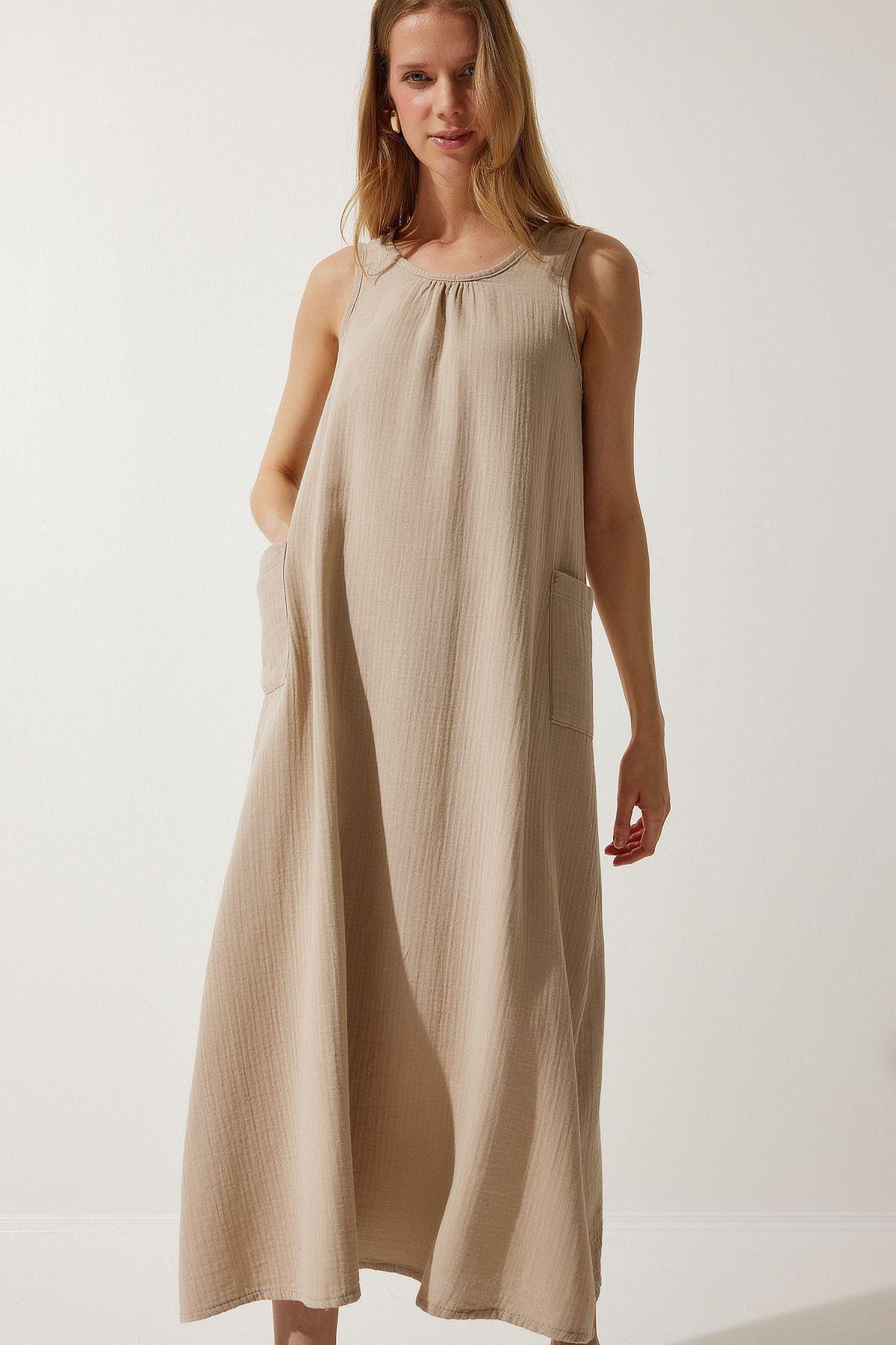 Beige Plain Shift Maxi Dress, , large image number 2