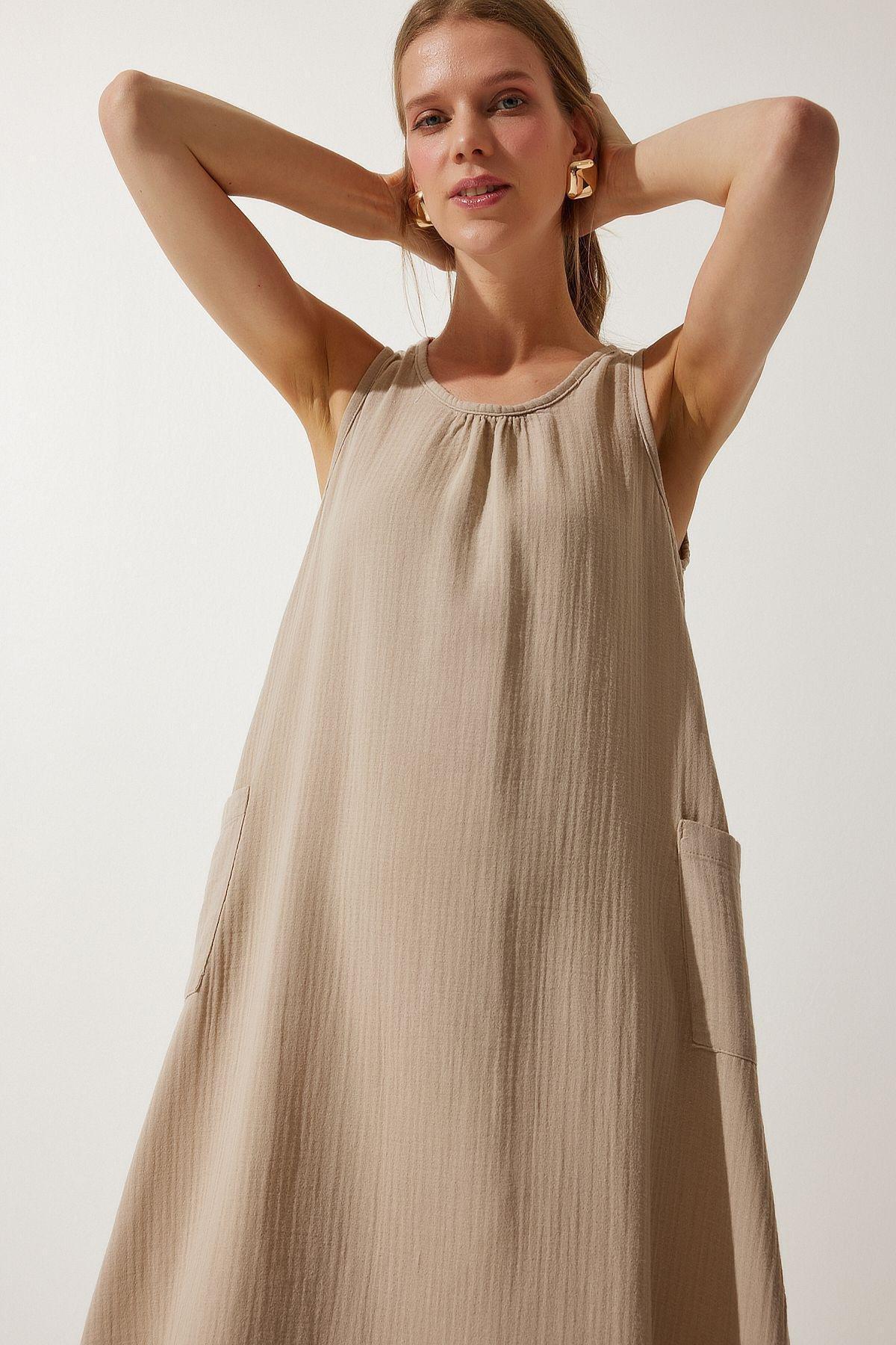 Beige Plain Shift Maxi Dress, , large image number 3