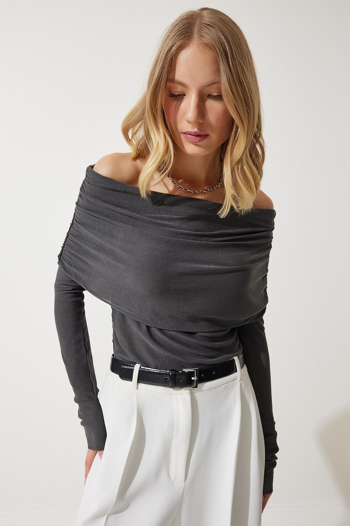 Grey Off-Shoulder Gathered Detailed Blouse, Anthracite, large image number 0