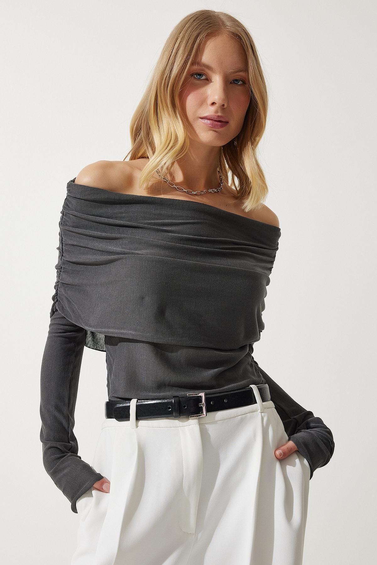 Grey Off-Shoulder Gathered Detailed Blouse, Anthracite, large image number 1