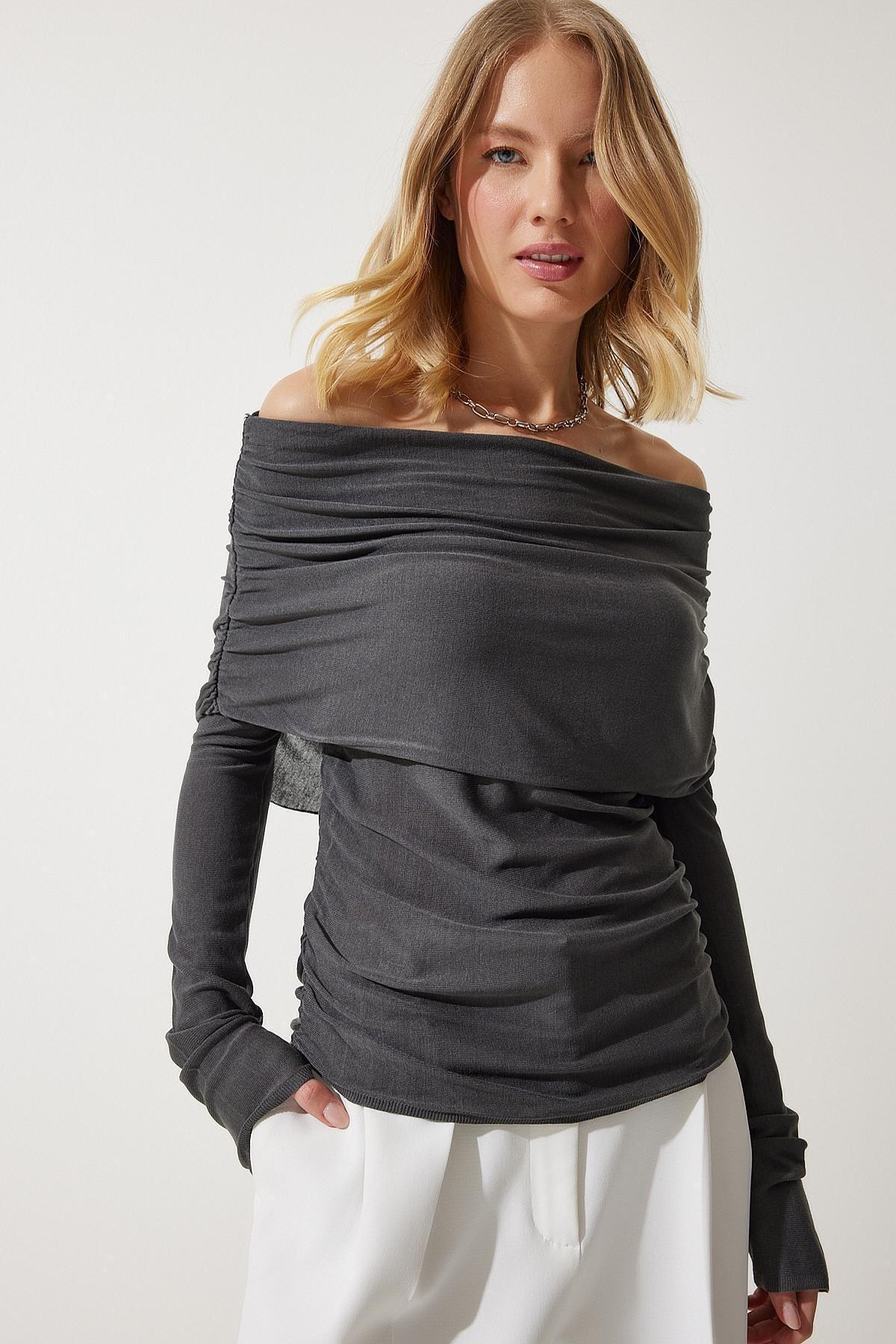 Grey Off-Shoulder Gathered Detailed Blouse, Anthracite, large image number 2