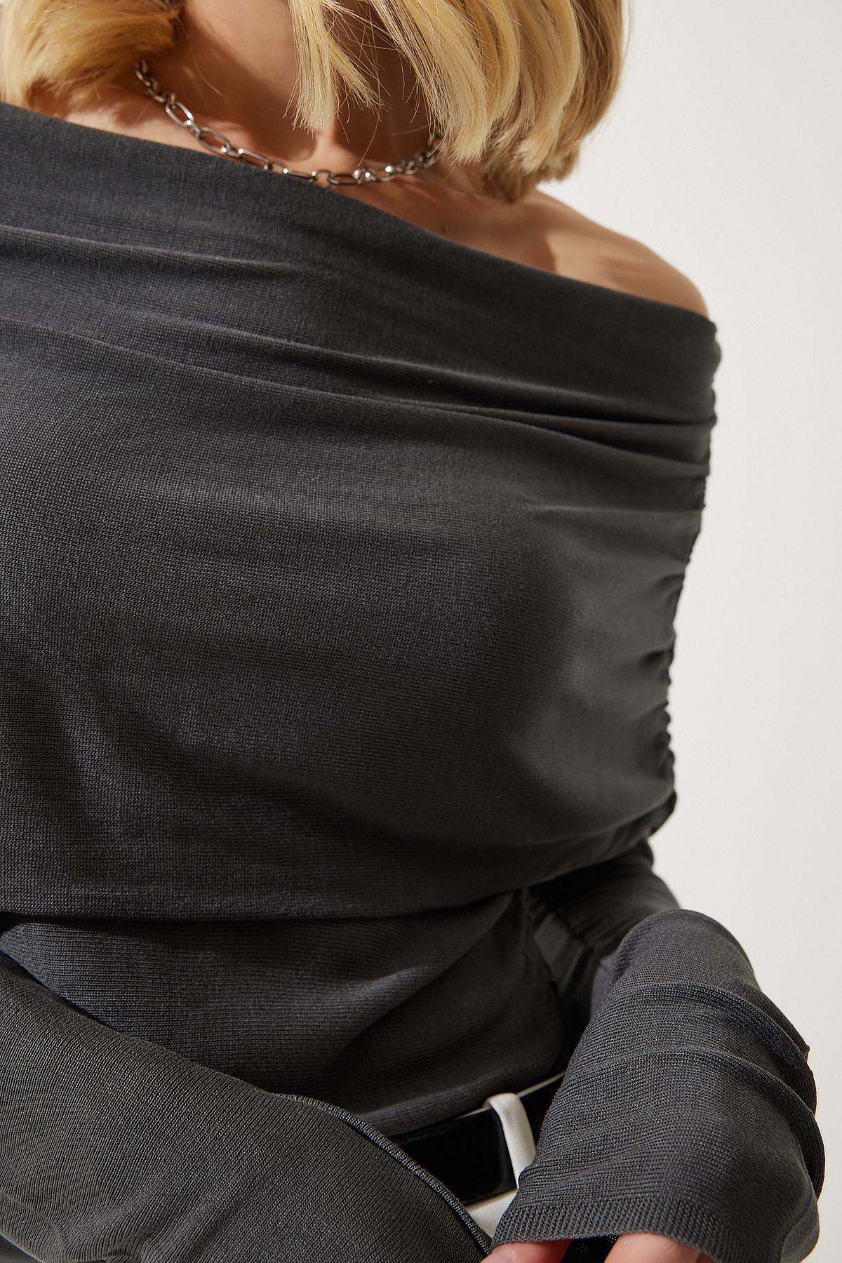 Grey Off-Shoulder Gathered Detailed Blouse, Anthracite, large image number 3
