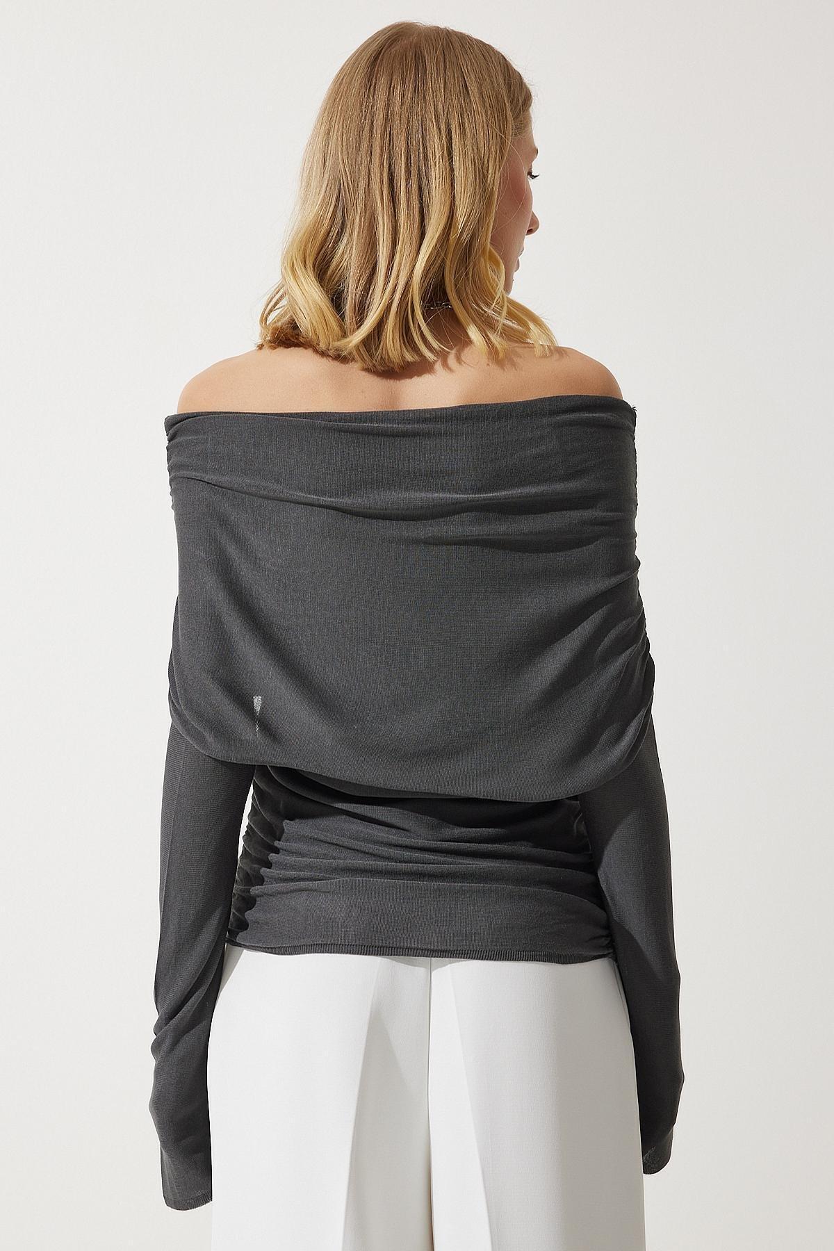 Grey Off-Shoulder Gathered Detailed Blouse, Anthracite, large image number 4